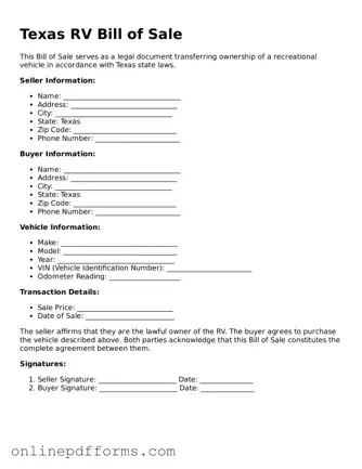 Blank Texas RV Bill of Sale Form