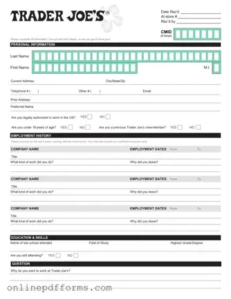 Fill in Your Trader Joe's application Template