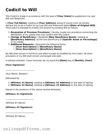 Legal Codicil to Will Form