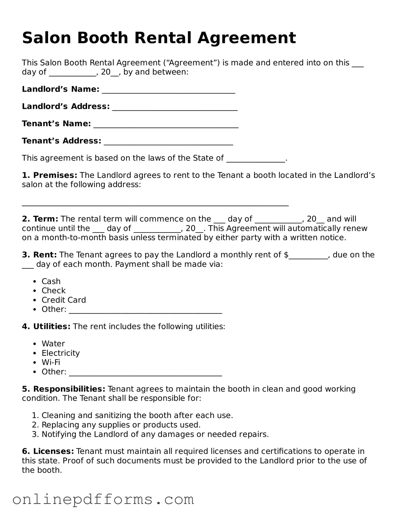 Legal Salon Booth Rental Agreement Form