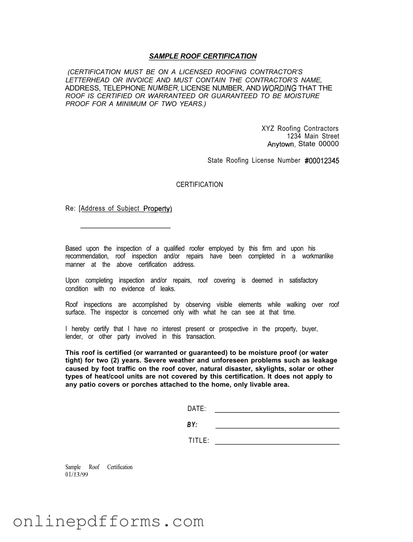 Fill in Your Sample Roof Certification Template