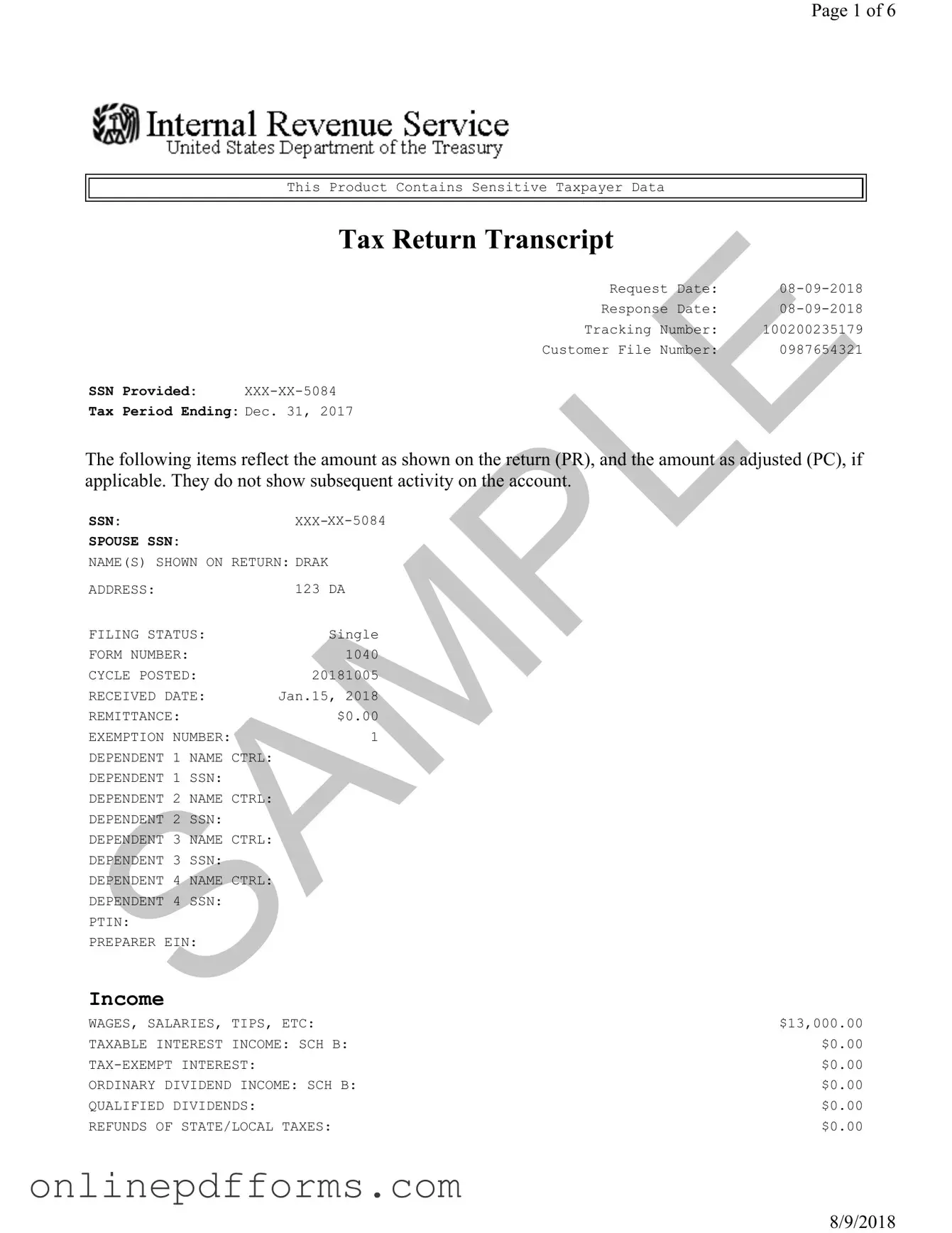 Fill in Your Sample Tax Return Transcript Template