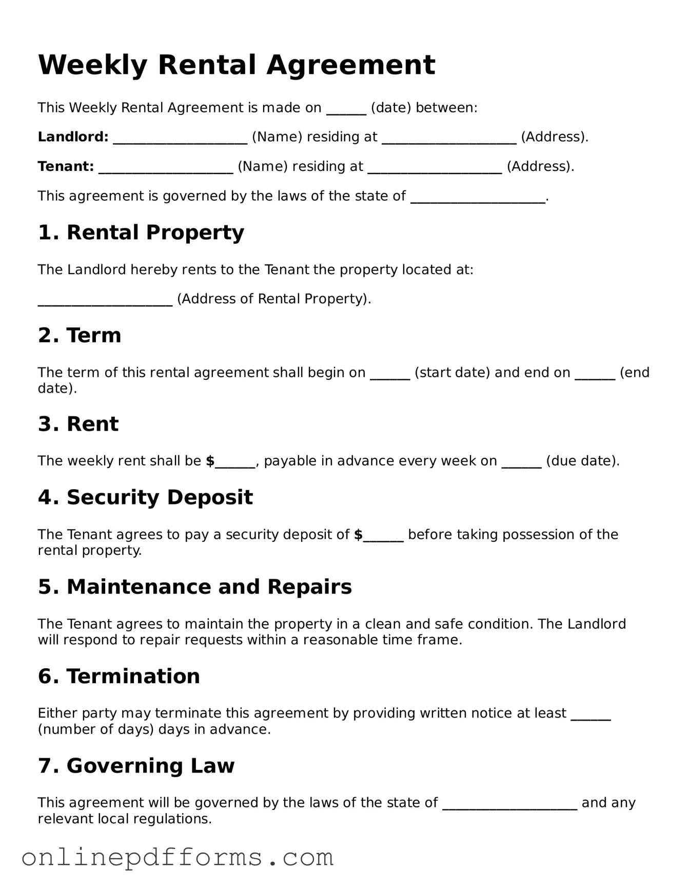 Legal Weekly Rental Agreement Form