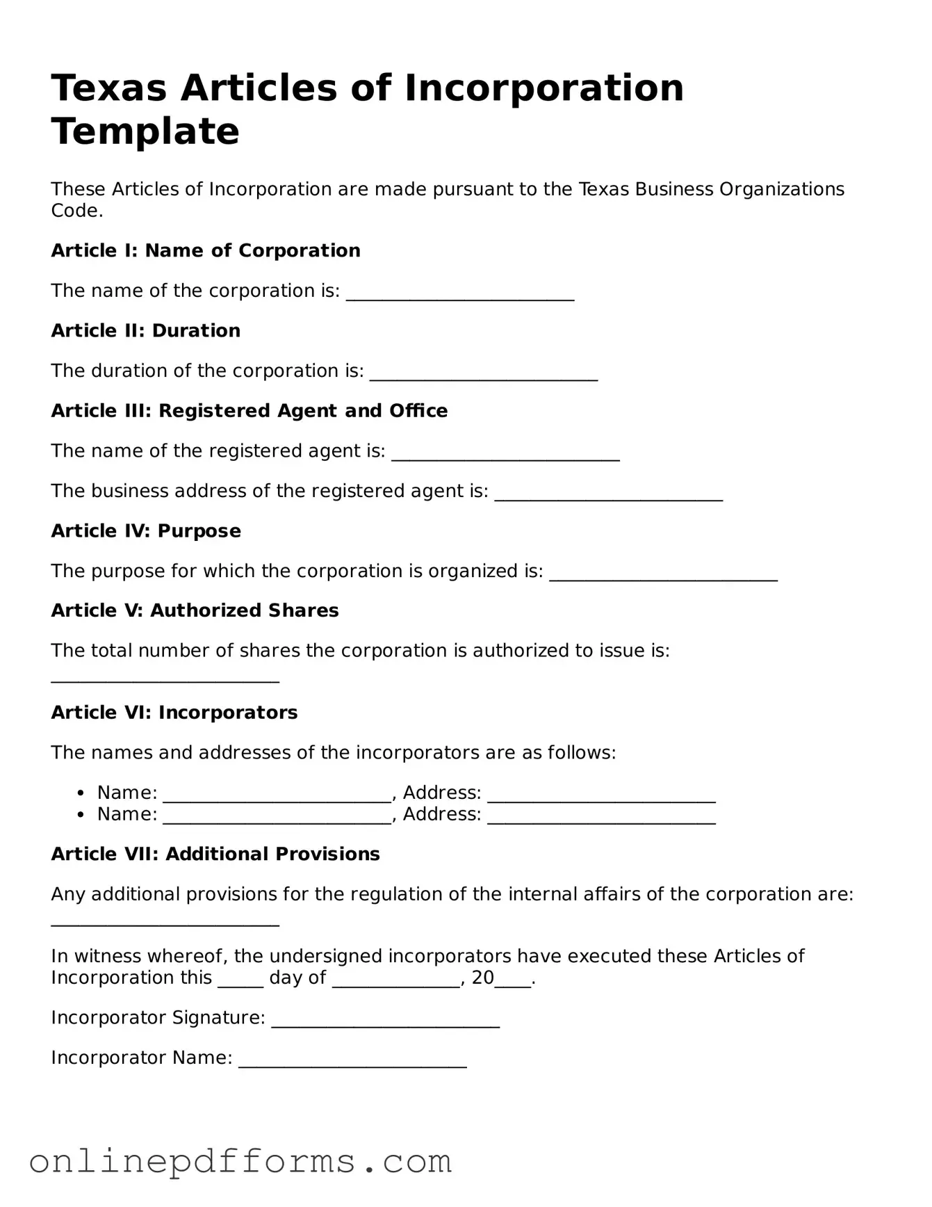 Blank Texas Articles of Incorporation Form