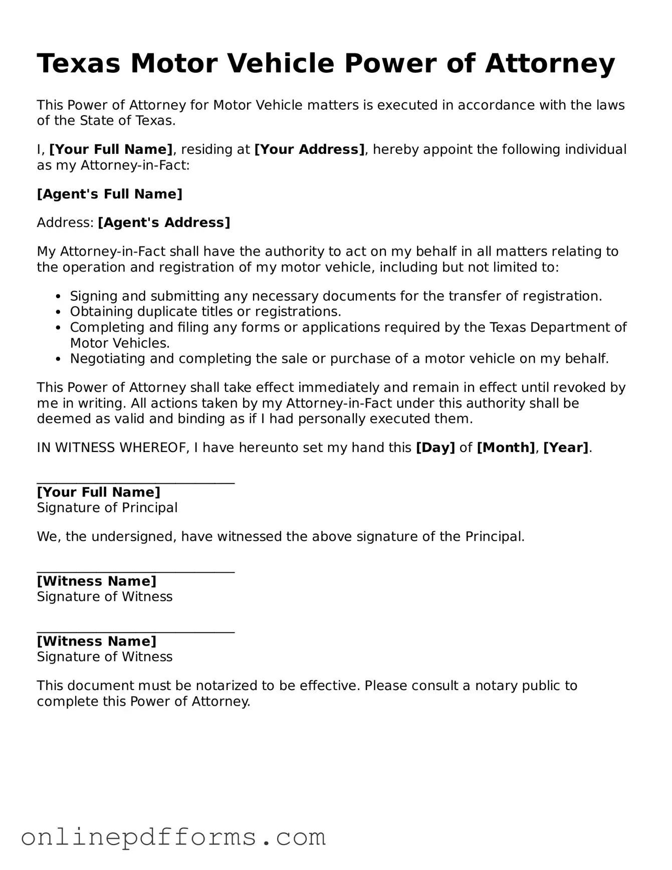Blank Texas Motor Vehicle Power of Attorney Form
