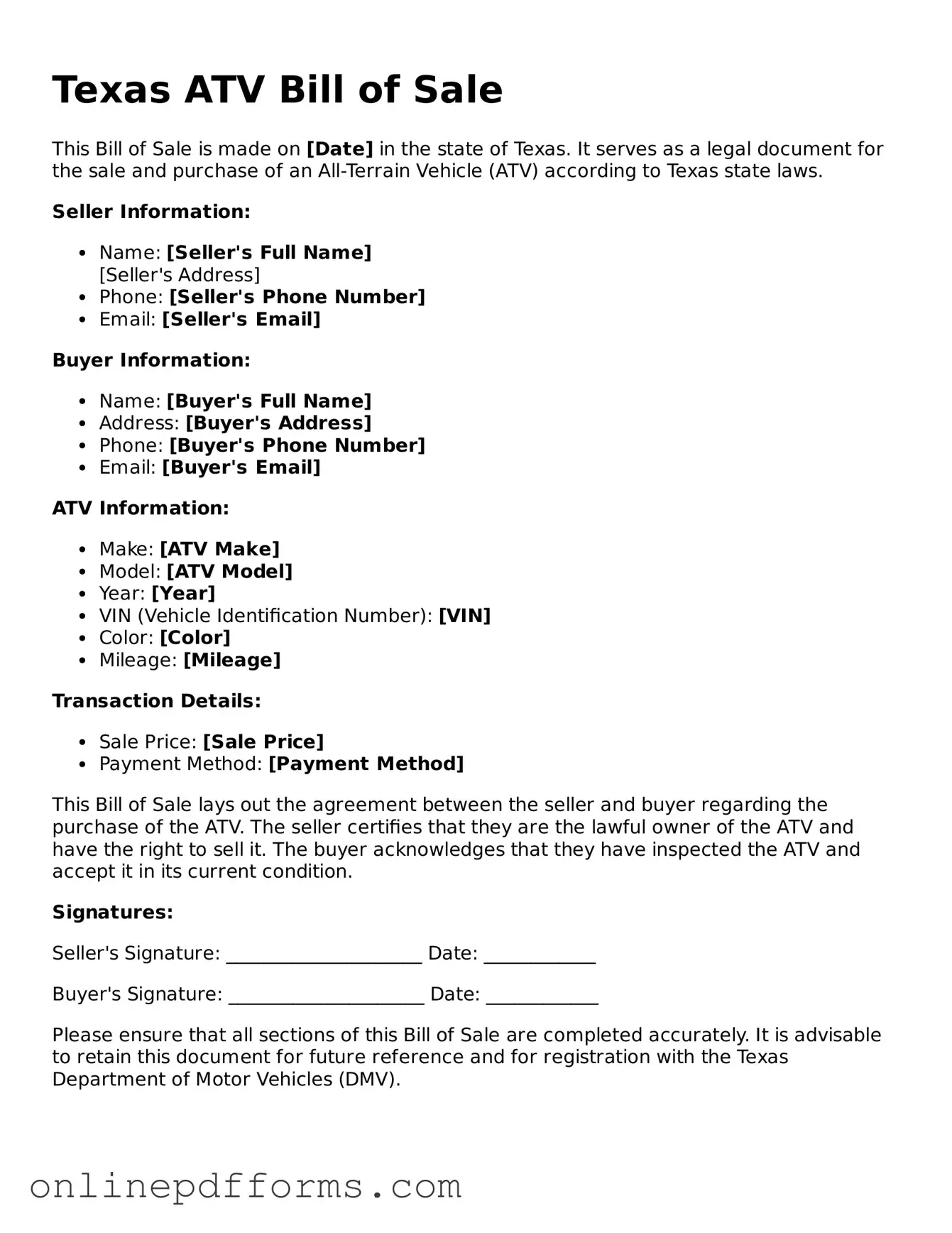 Blank Texas ATV Bill of Sale Form