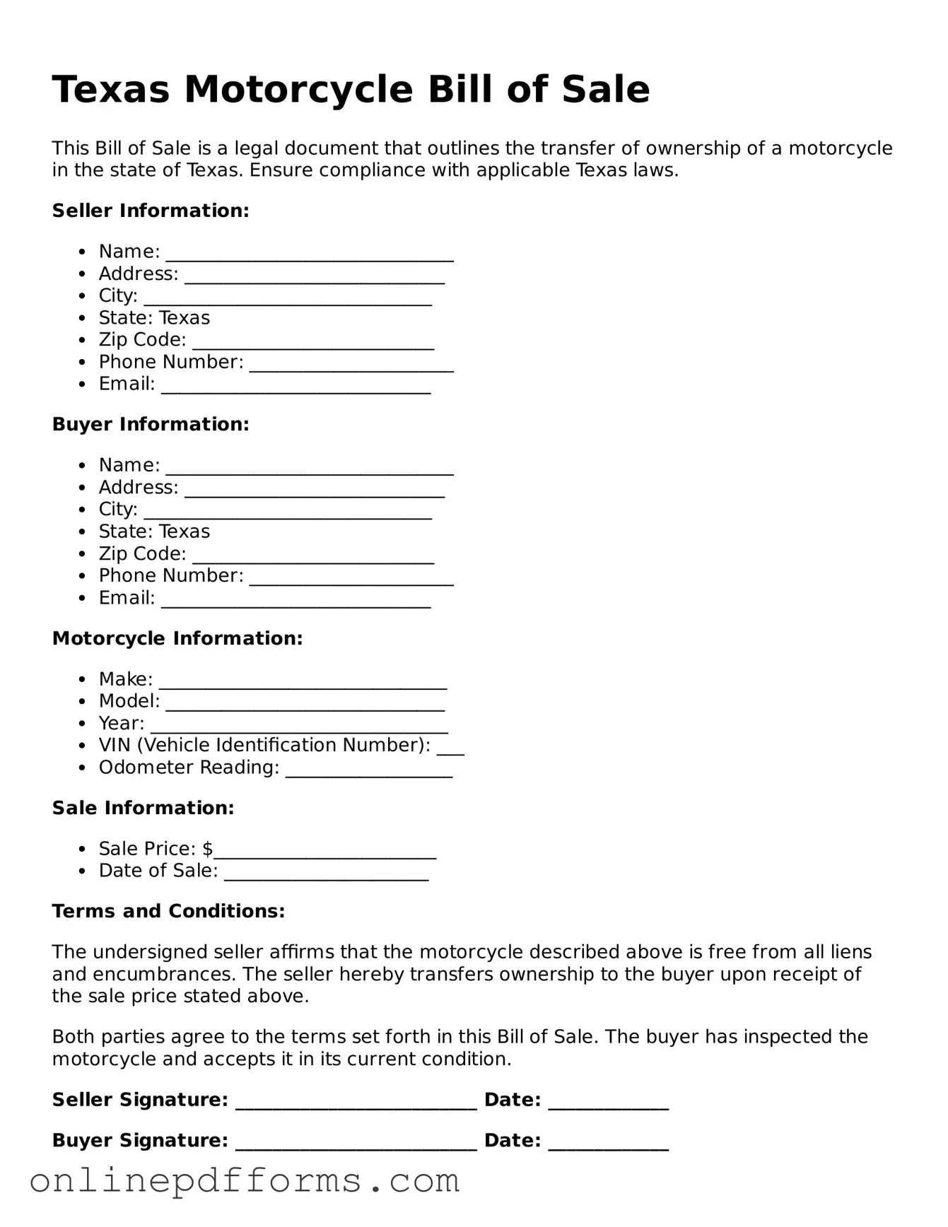 Blank Texas Motorcycle Bill of Sale Form