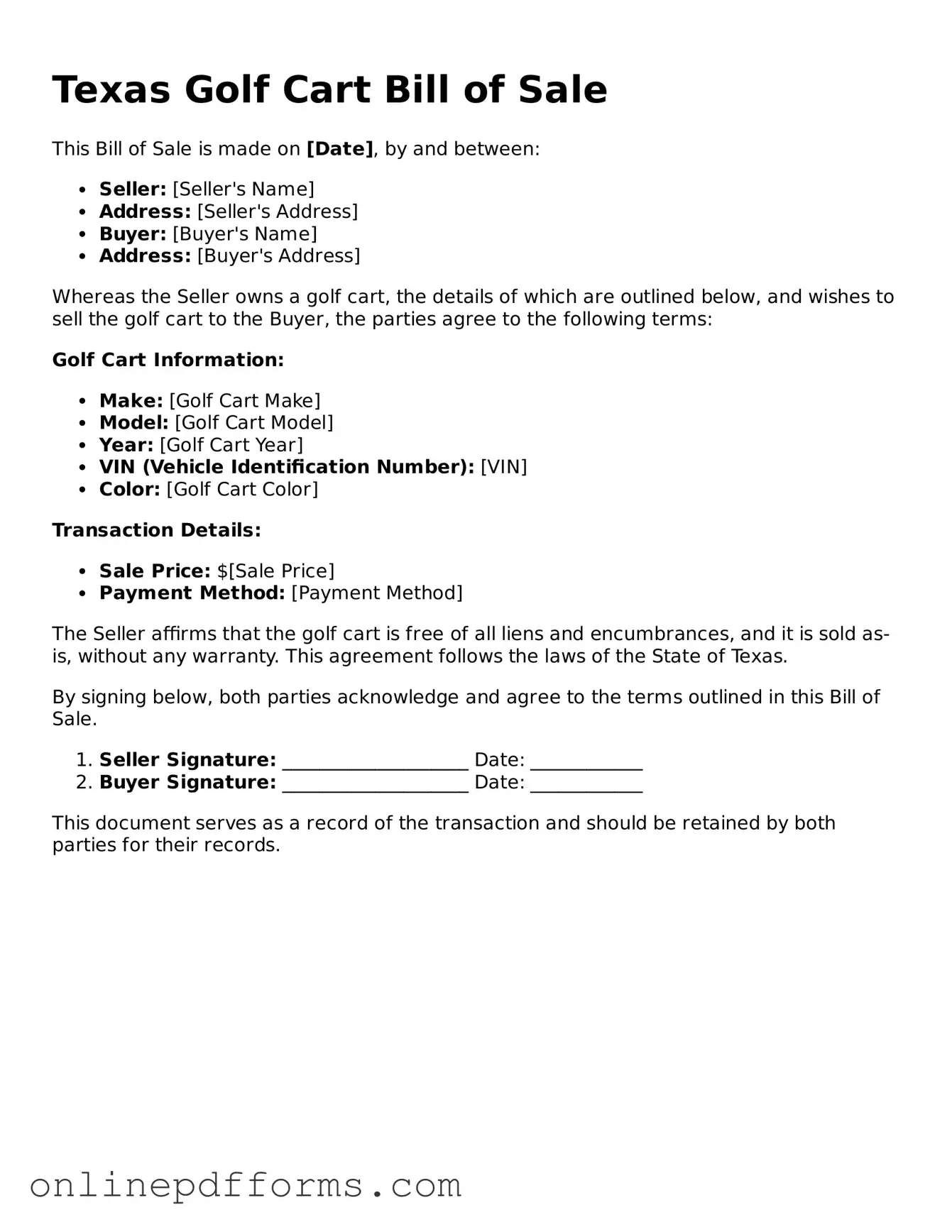 Blank Texas Golf Cart Bill of Sale Form