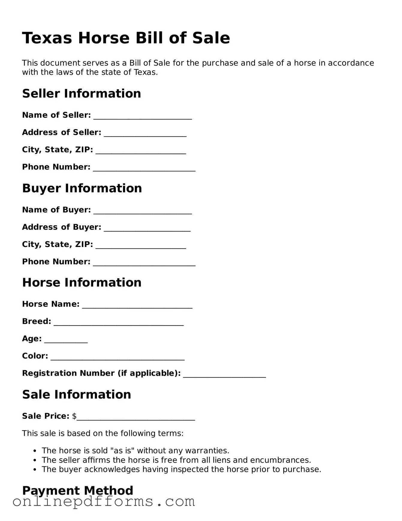 Blank Texas Horse Bill of Sale Form