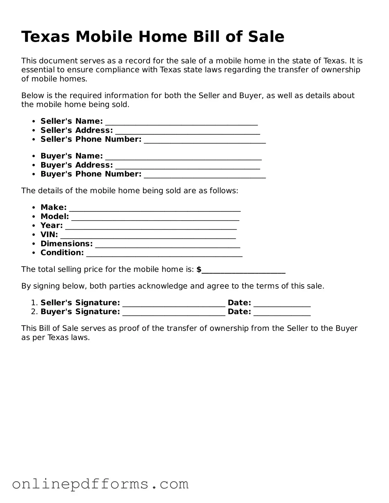 Blank Texas Mobile Home Bill of Sale Form