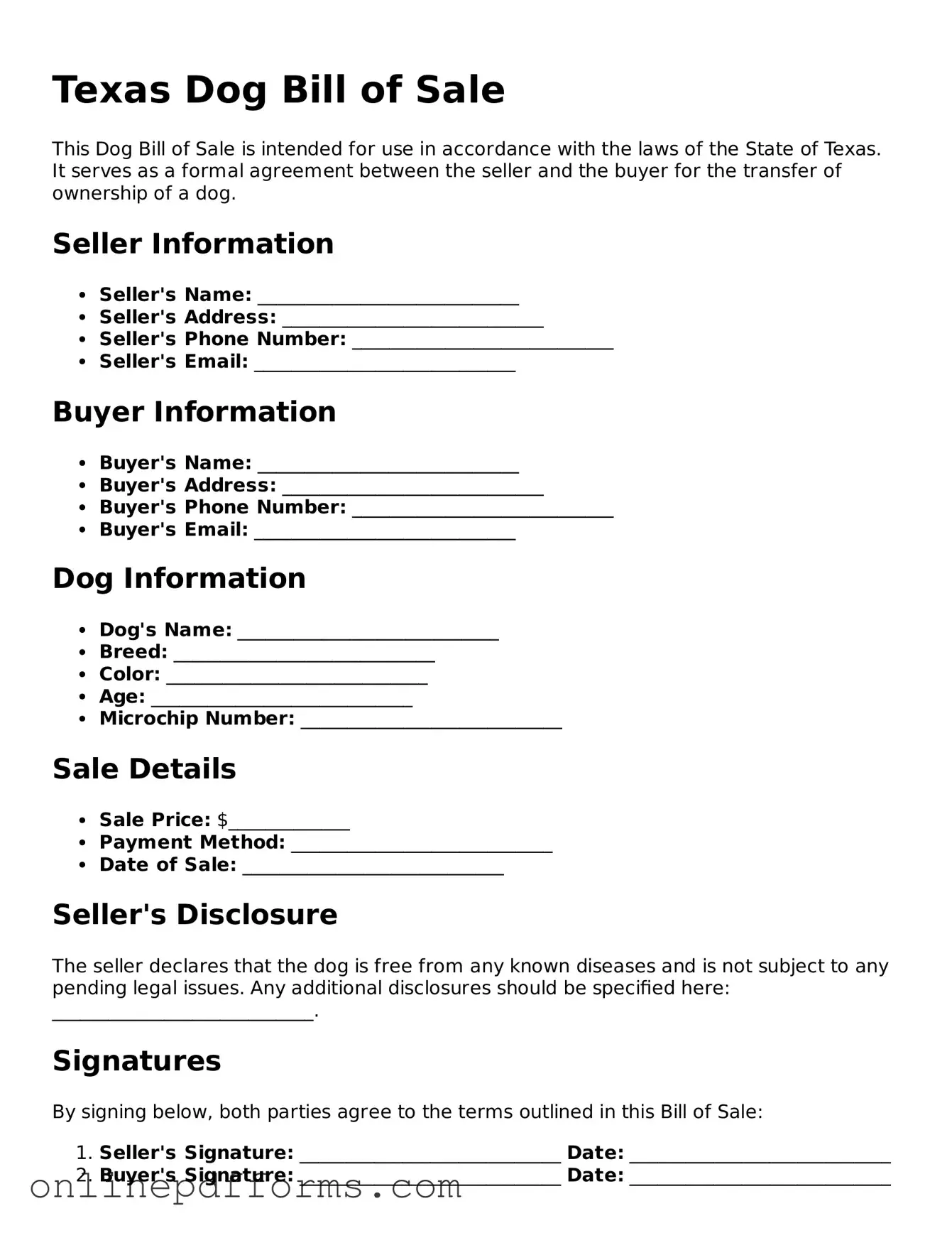 Blank Texas Dog Bill of Sale Form