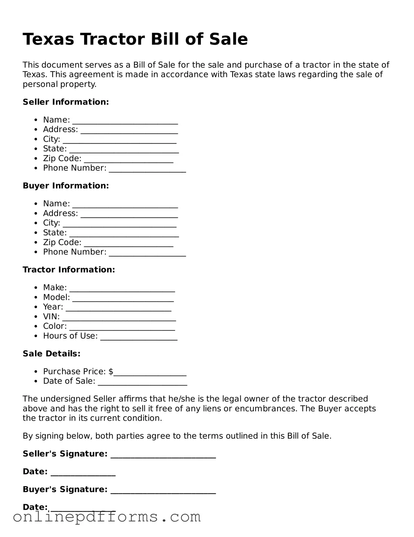 Blank Texas Tractor Bill of Sale Form