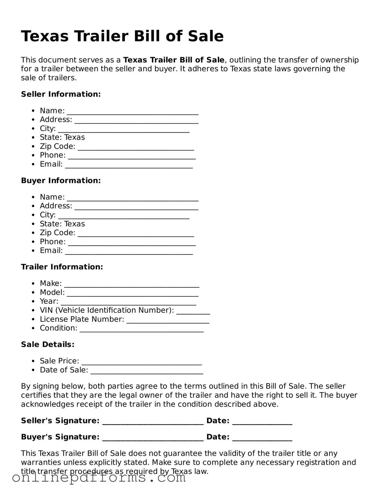 Blank Texas Trailer Bill of Sale Form