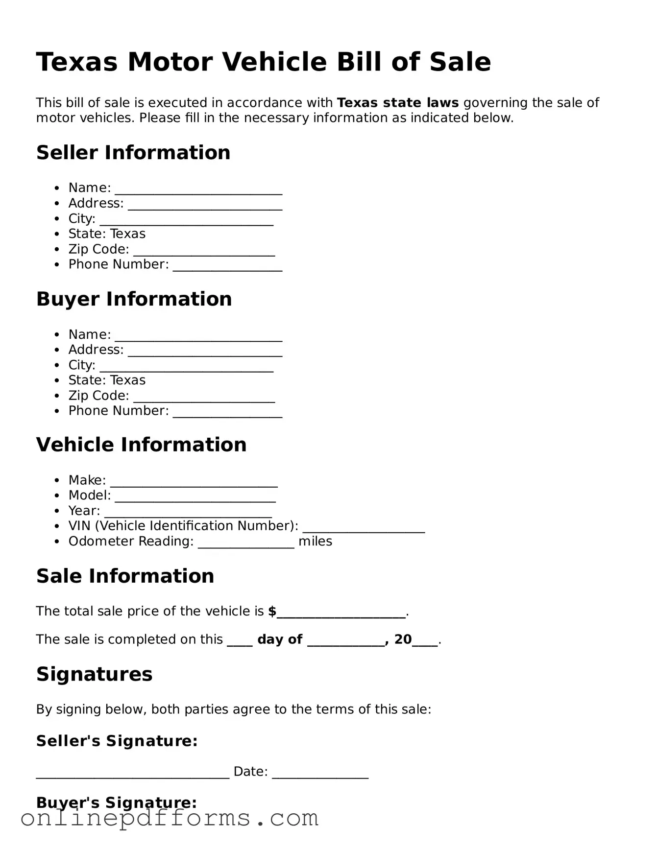 Blank Texas Motor Vehicle Bill of Sale Form