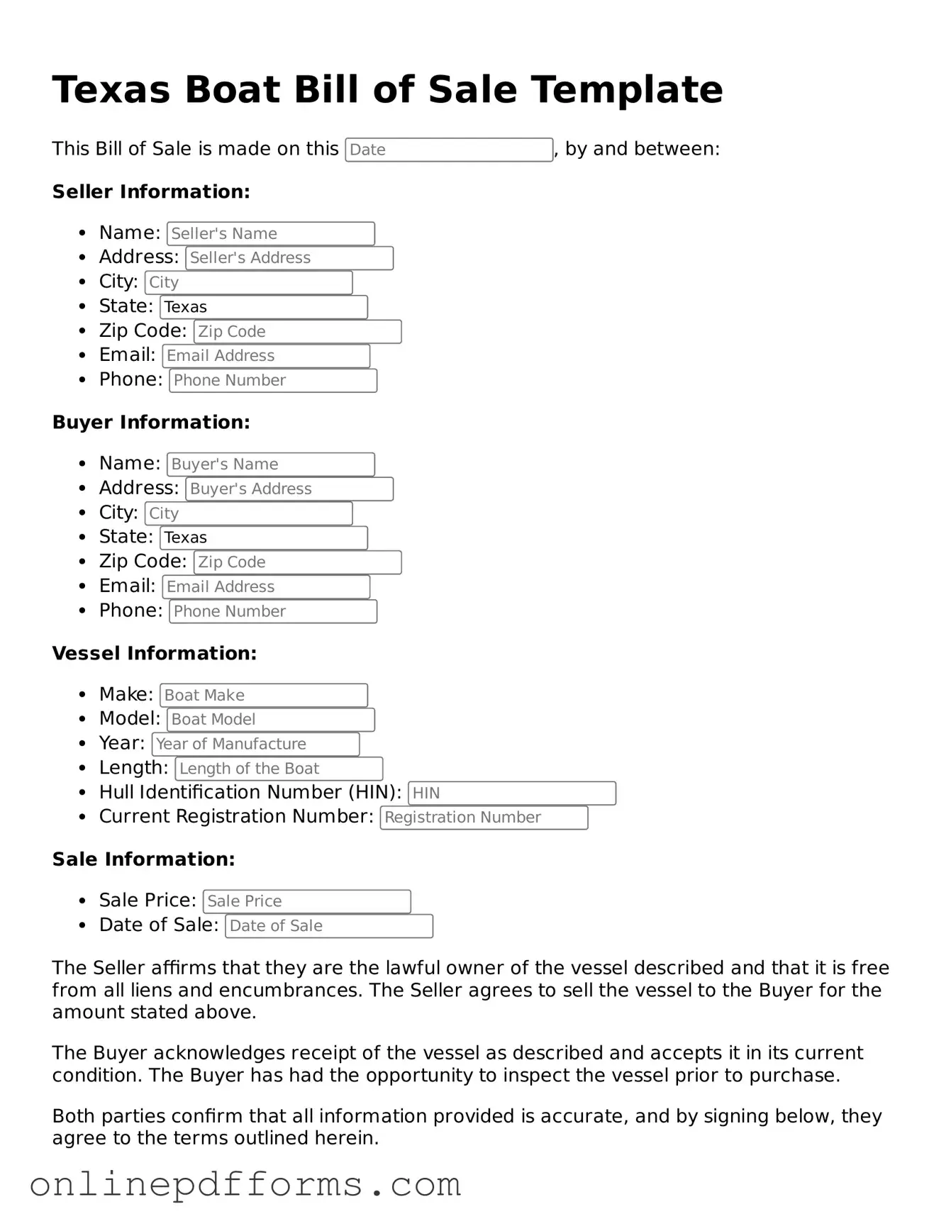 Blank Texas Boat Bill of Sale Form