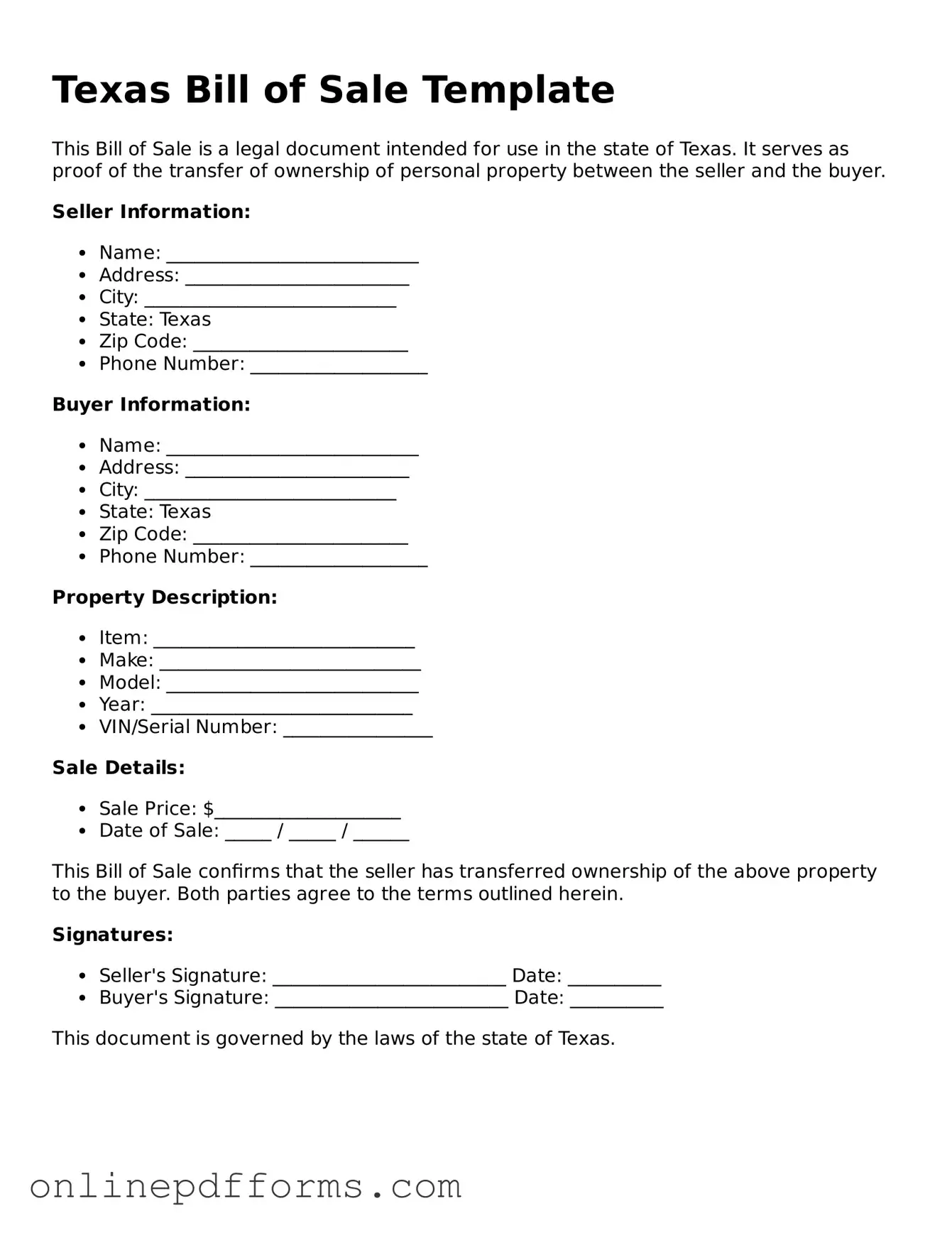 Blank Texas Bill of Sale Form