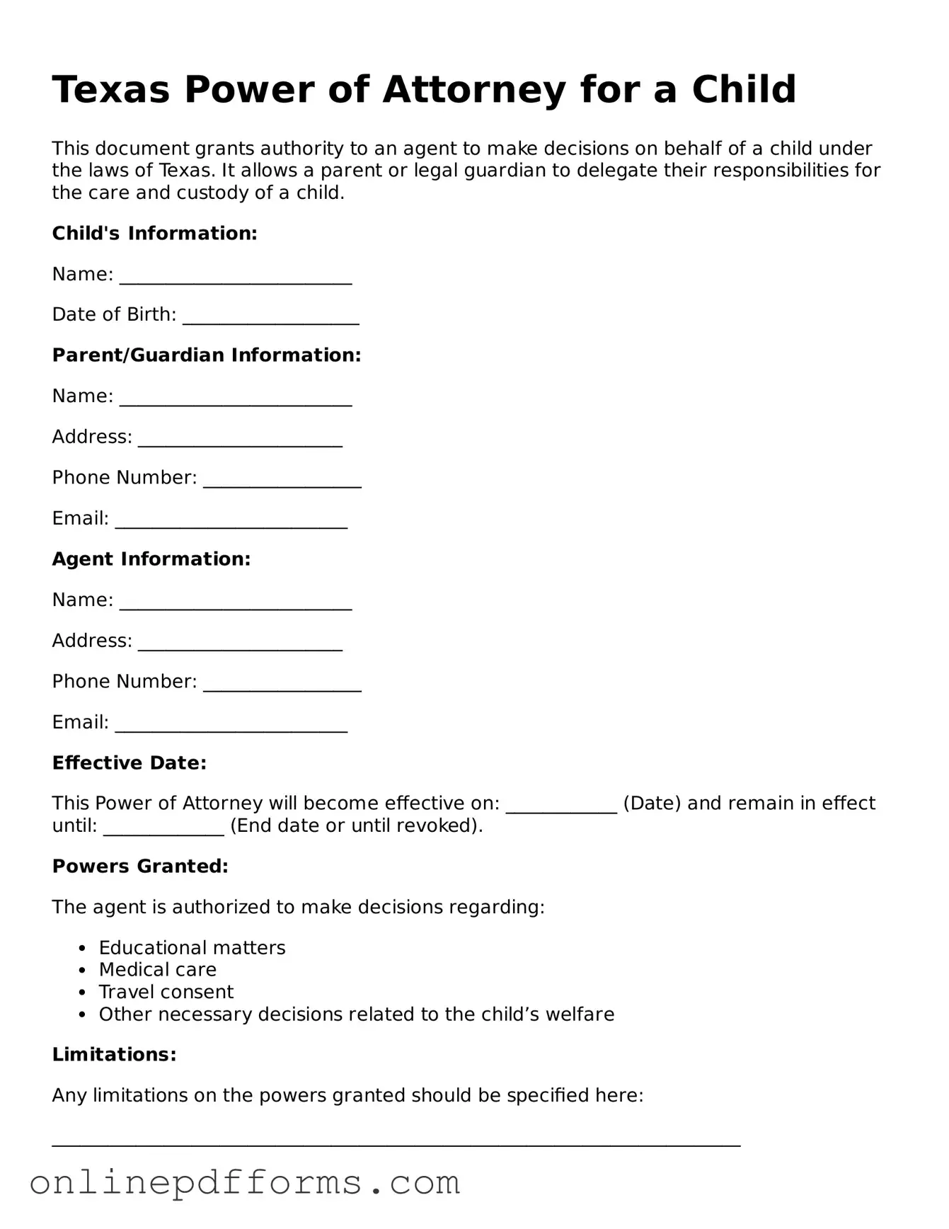 Blank Texas Power of Attorney for a Child Form