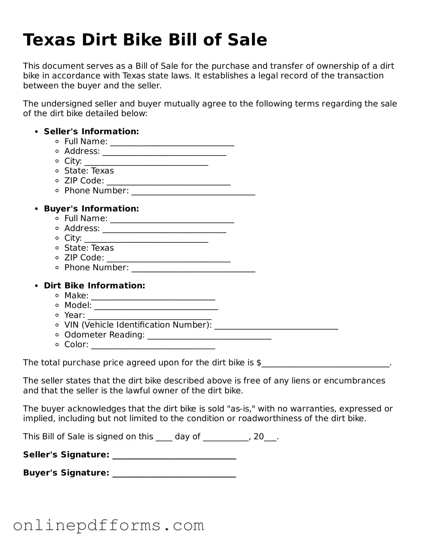 Blank Texas Dirt Bike Bill of Sale Form