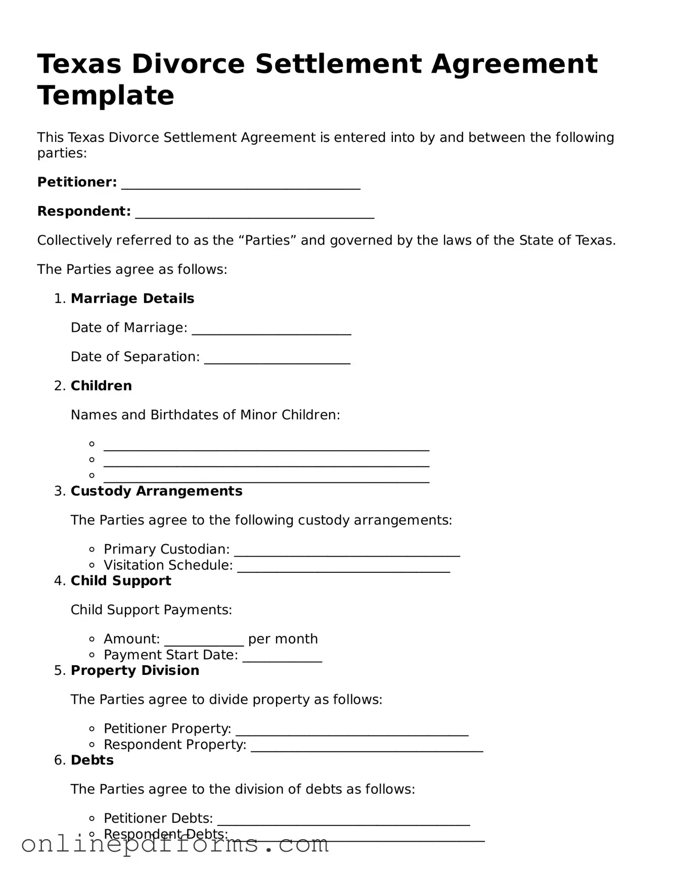 Blank Texas Divorce Settlement Agreement Form