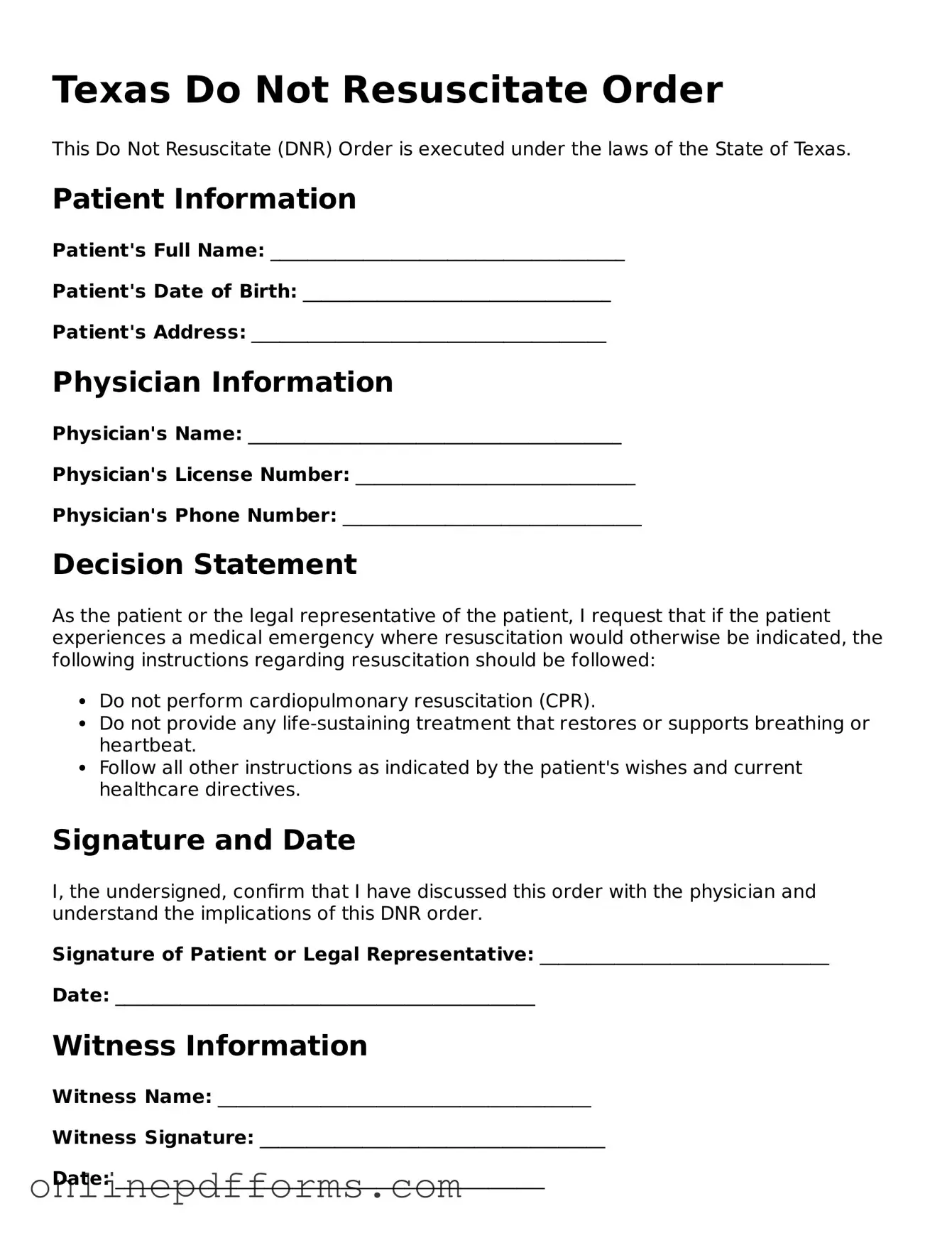 Blank Texas Do Not Resuscitate Order Form