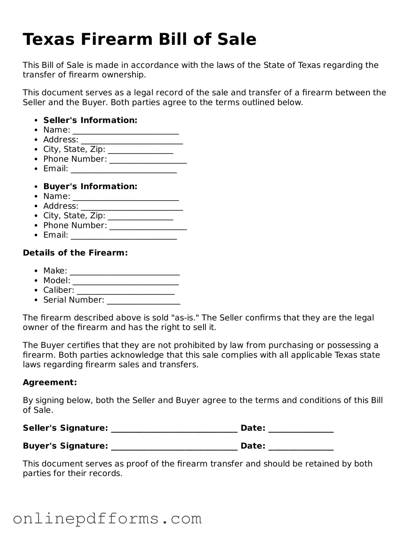 Blank Texas Firearm Bill of Sale Form