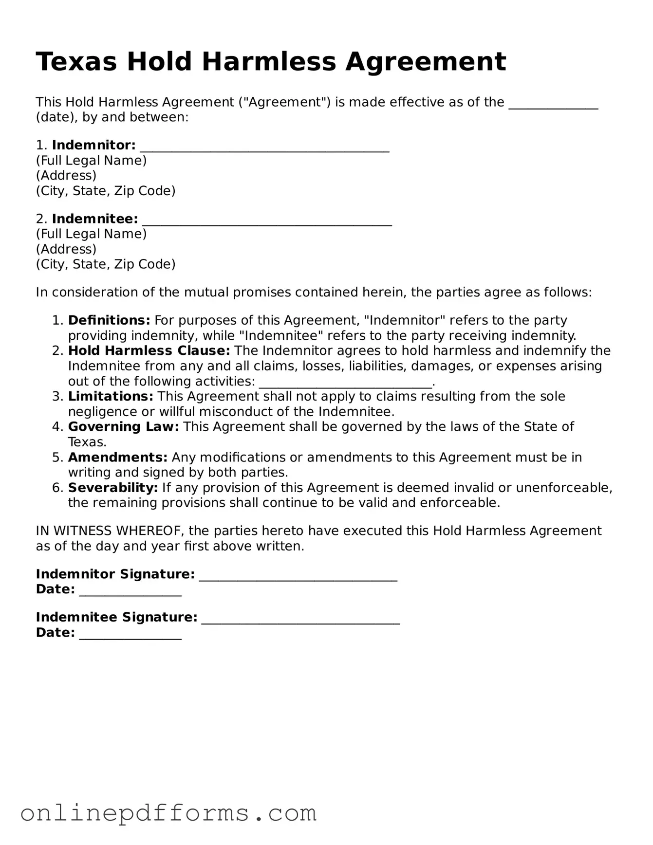 Blank Texas Hold Harmless Agreement Form