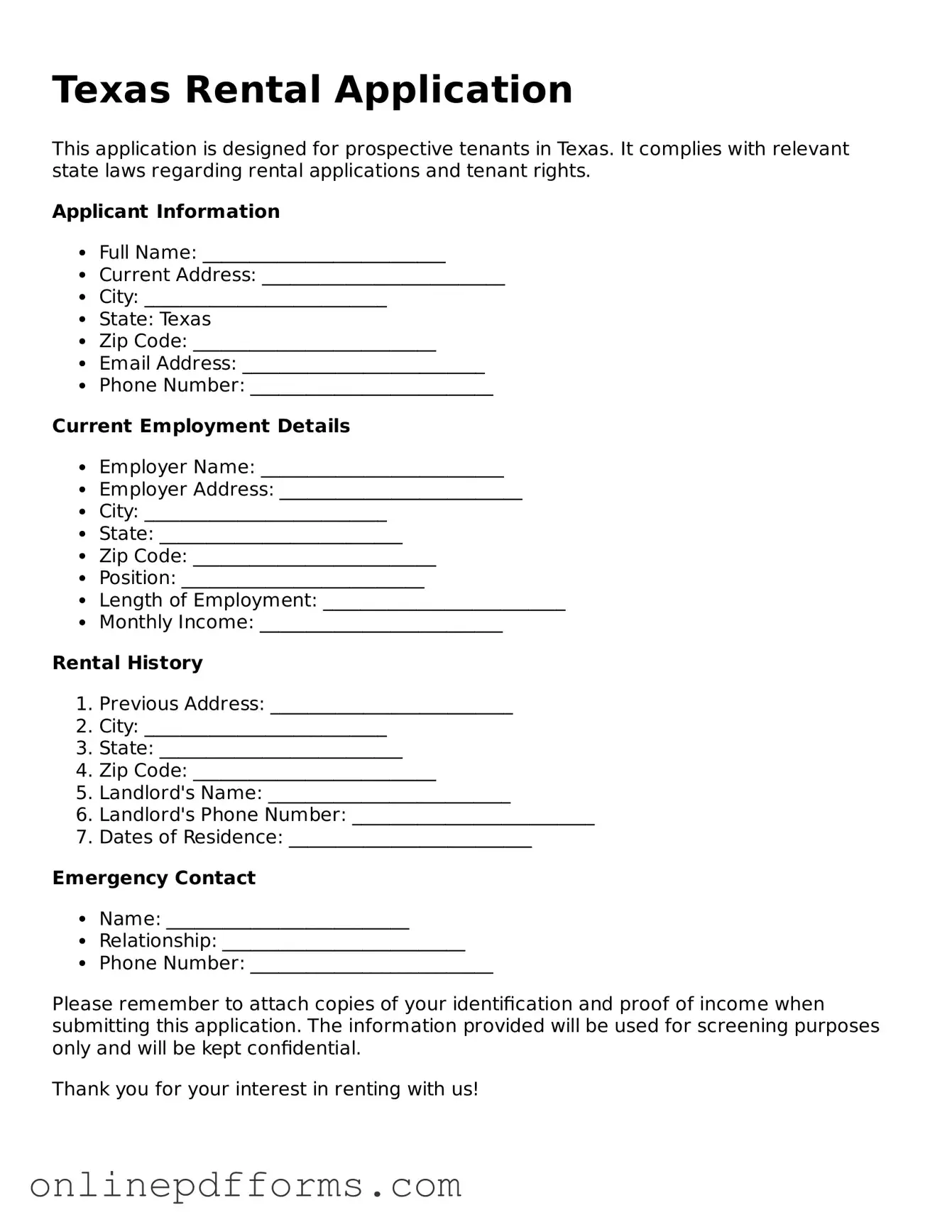 Blank Texas Rental Application Form