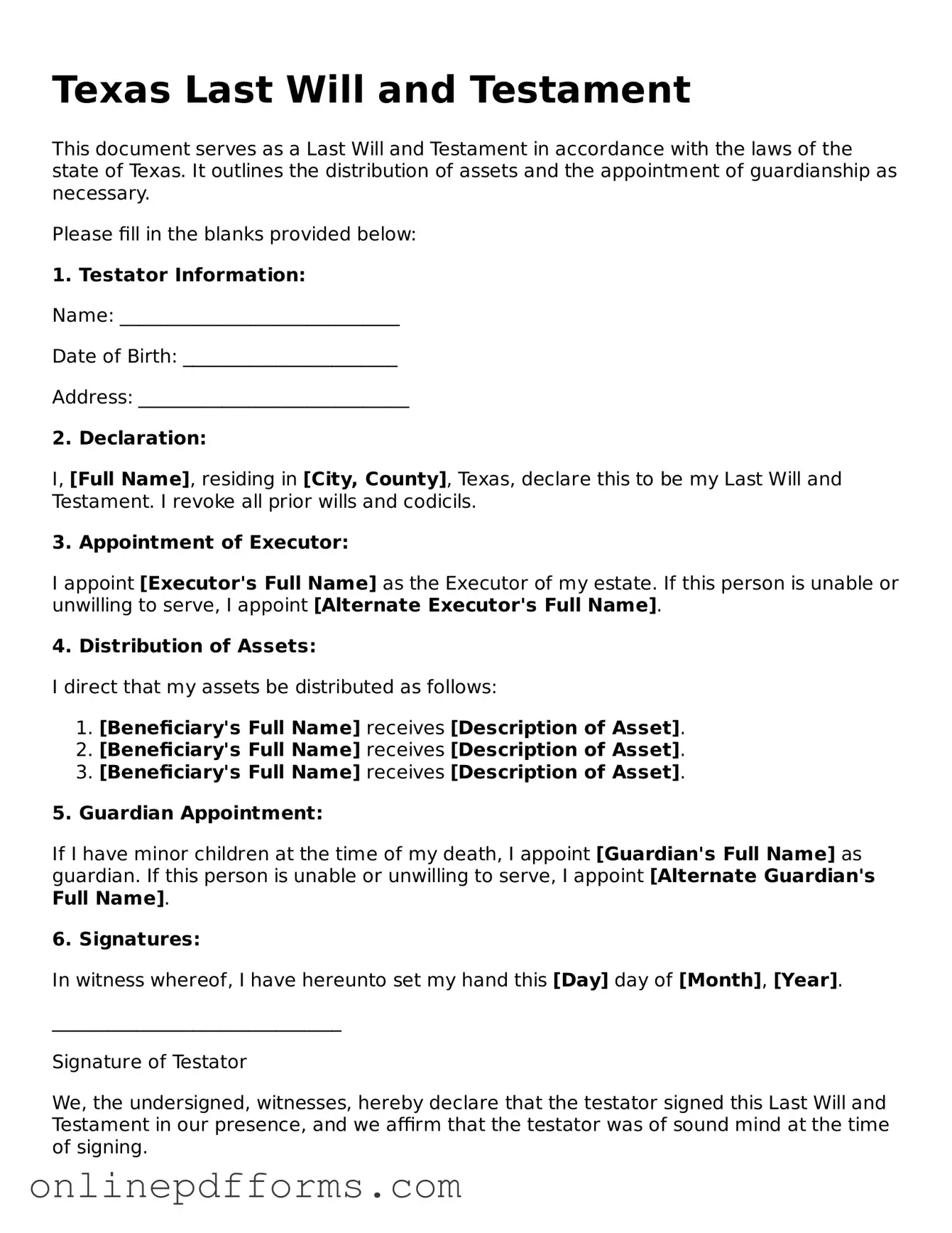 Blank Texas Last Will and Testament Form