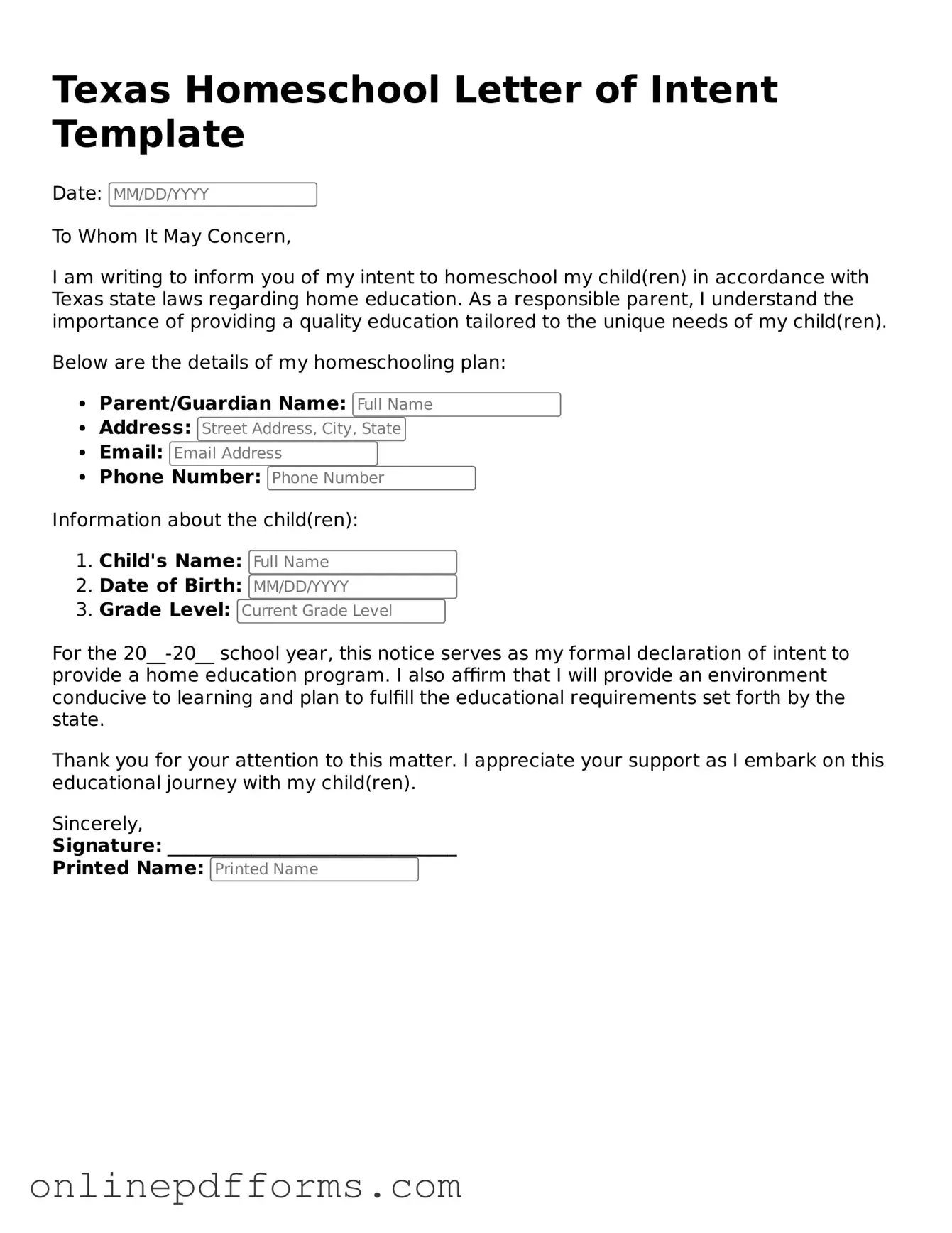 Blank Texas Homeschool Letter of Intent Form