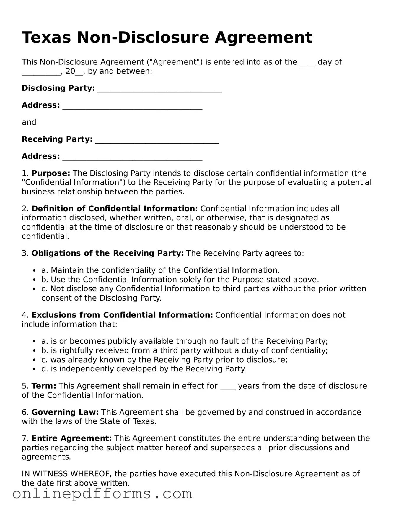Blank Texas Non-disclosure Agreement Form