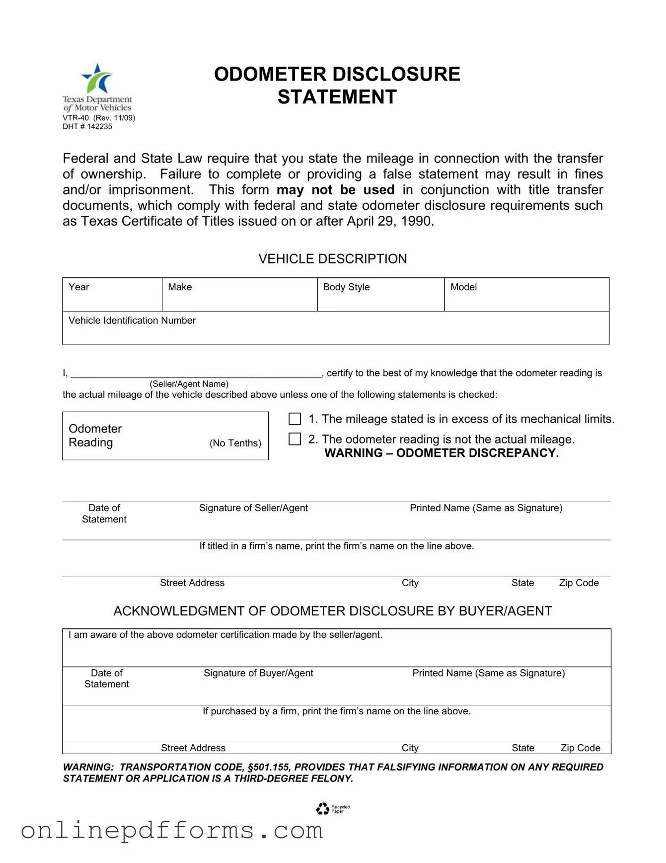 Fill in Your Texas Odometer Statement Template