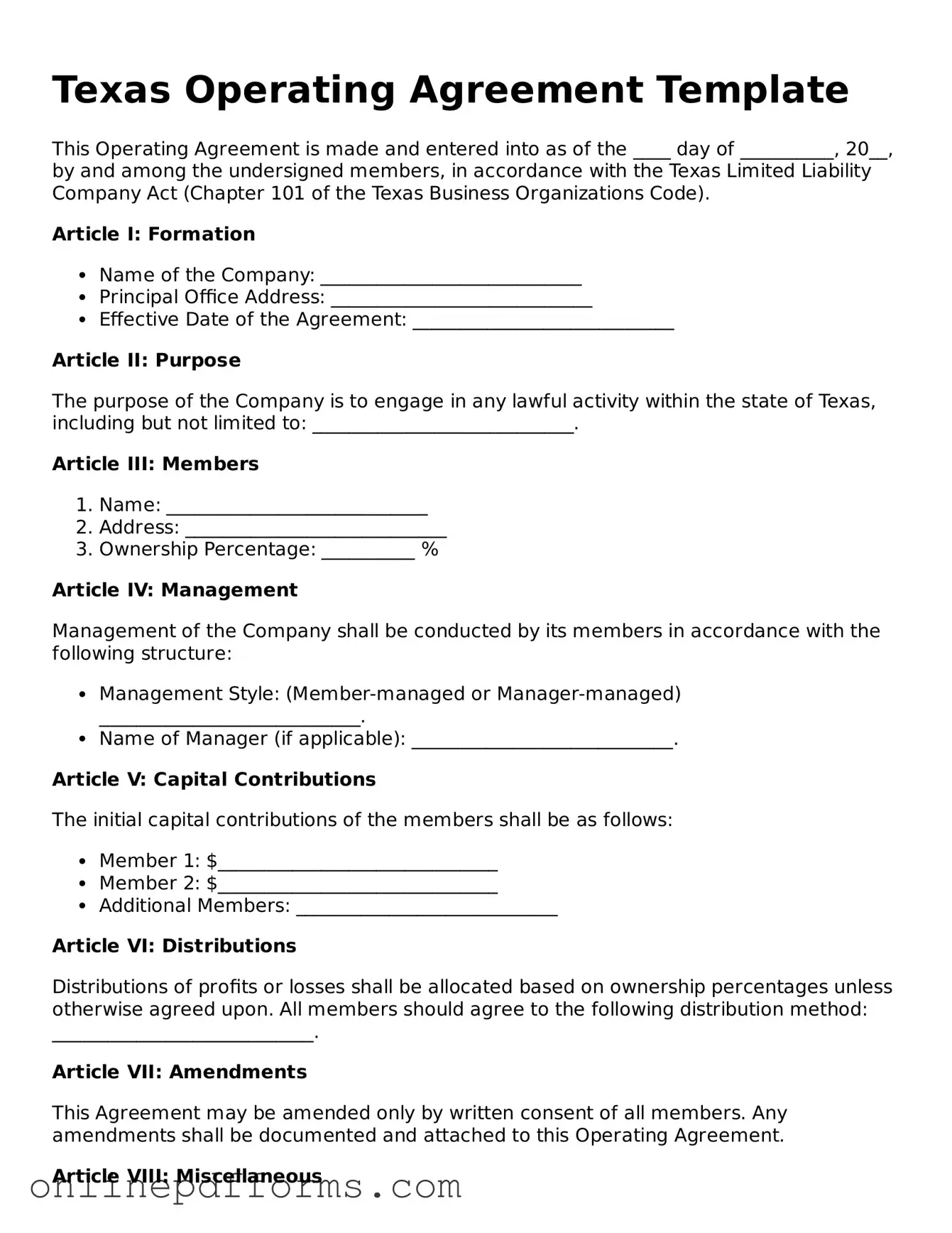 Blank Texas Operating Agreement Form