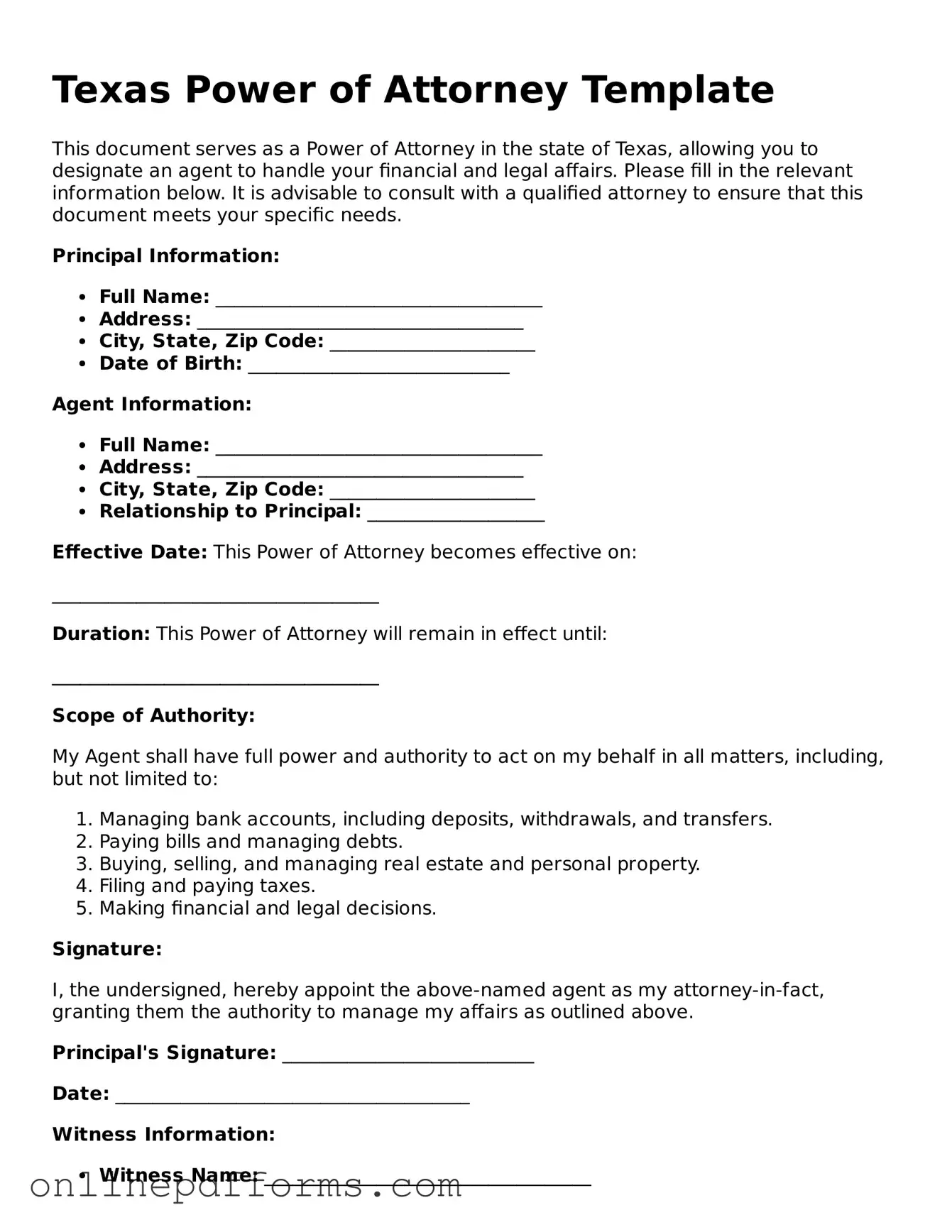 Blank Texas Power of Attorney Form