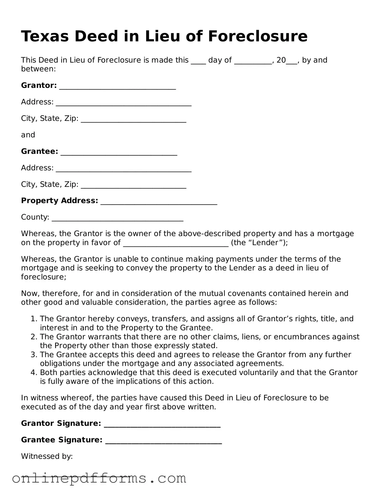 Blank Texas Deed in Lieu of Foreclosure Form