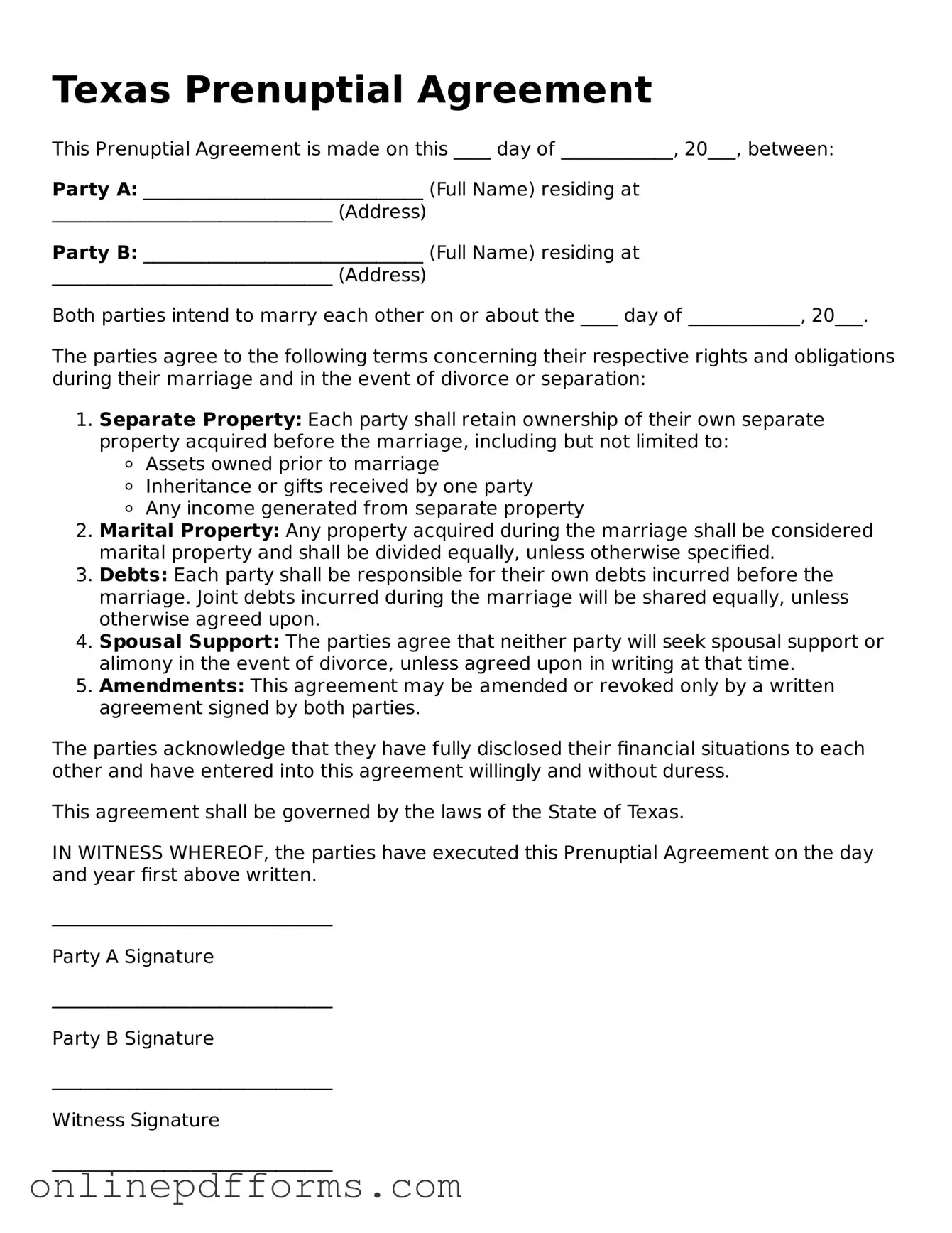 Blank Texas Prenuptial Agreement Form