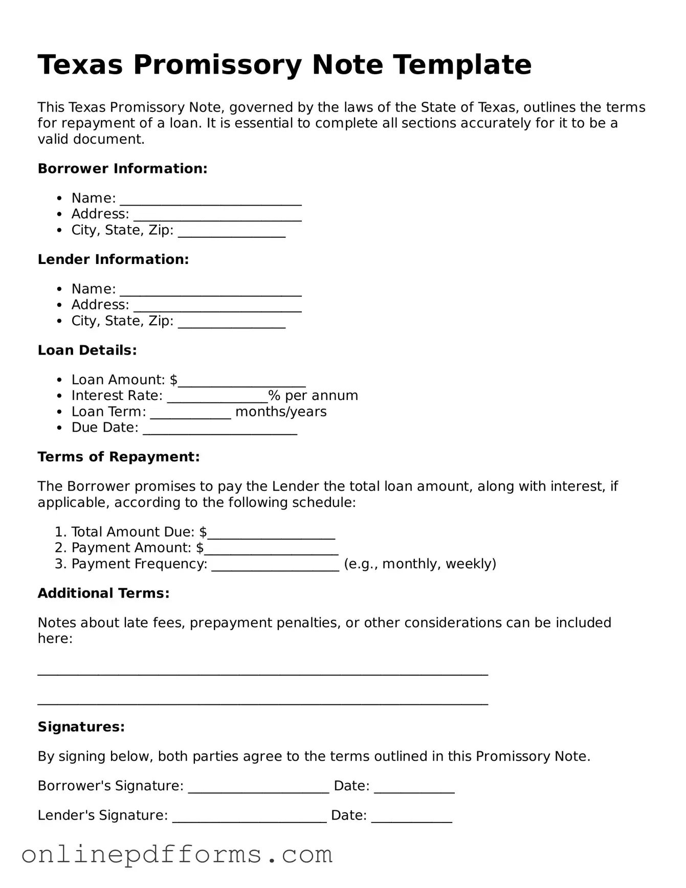 Blank Texas Promissory Note Form