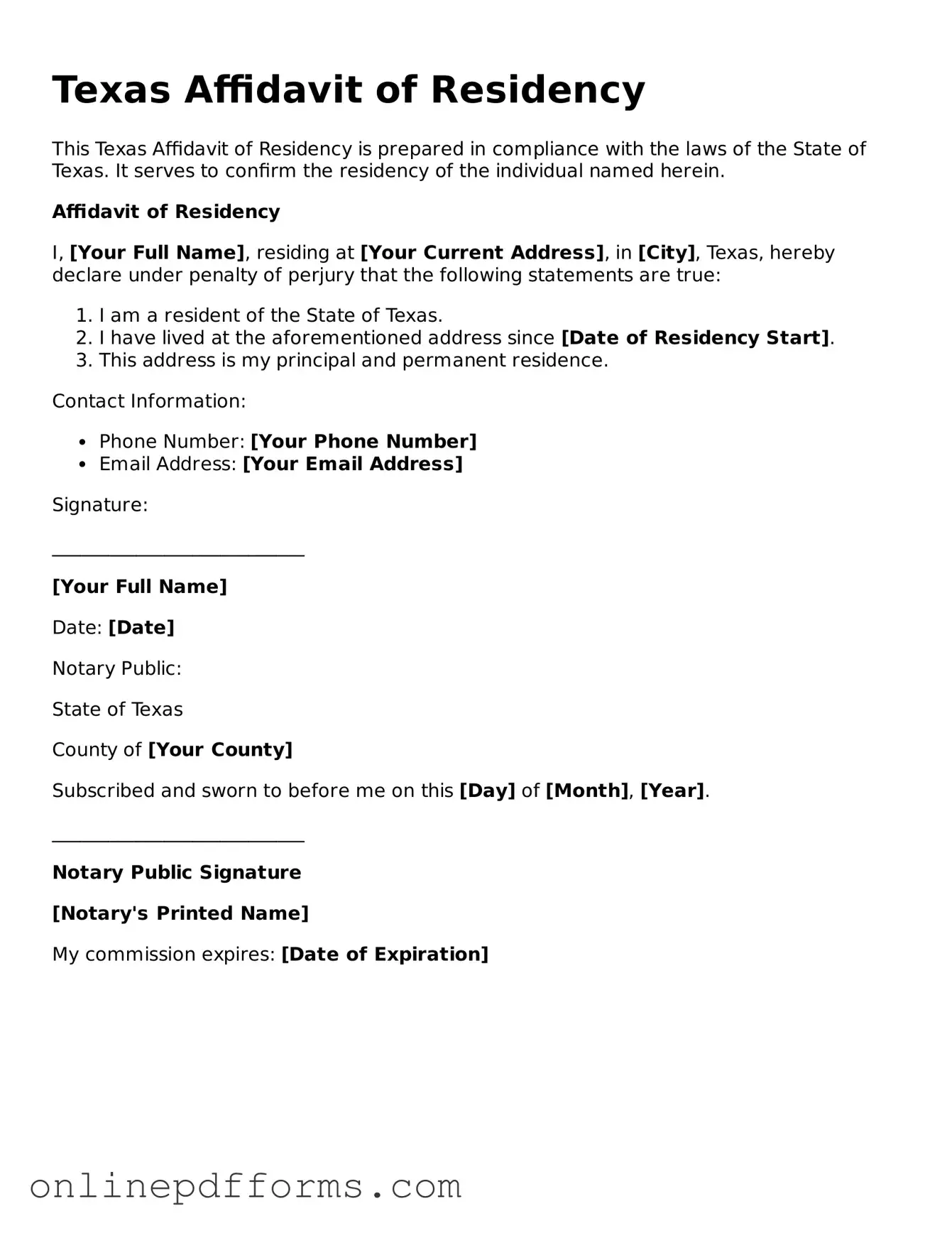 Blank Texas Affidavit of Residency Form