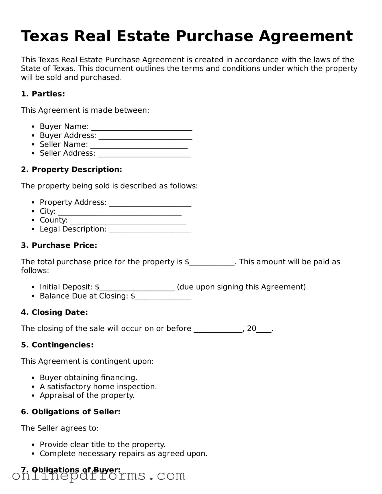 Blank Texas Real Estate Purchase Agreement Form