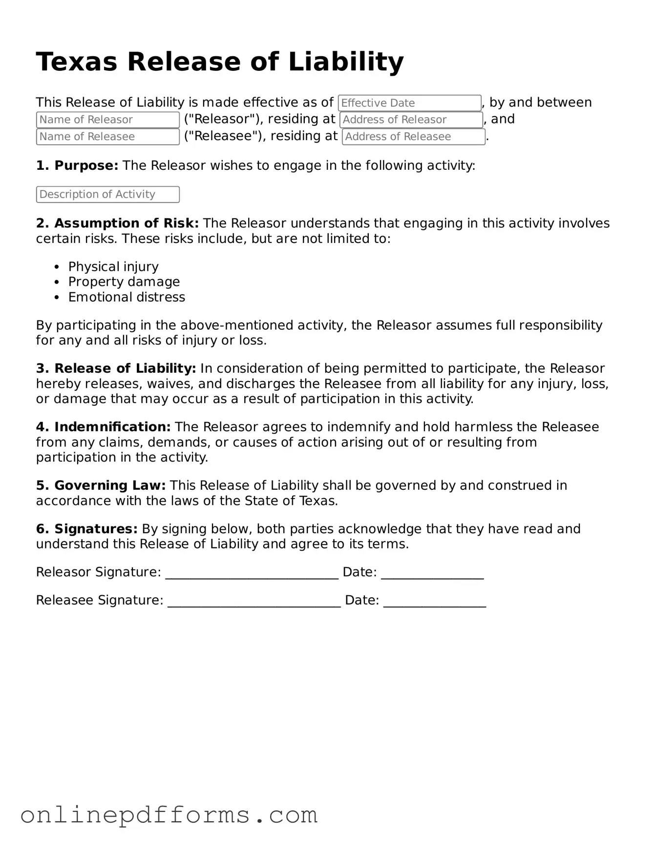 Blank Texas Release of Liability Form