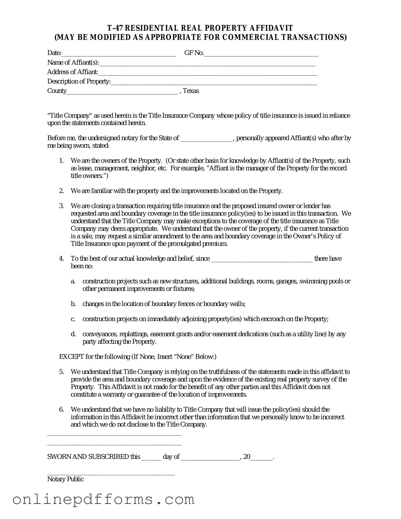 Fill in Your Texas residential property affidavit T-47 Template
