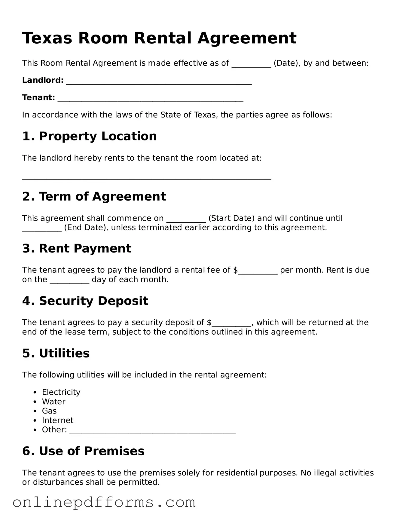 Blank Texas Room Rental Agreement Form