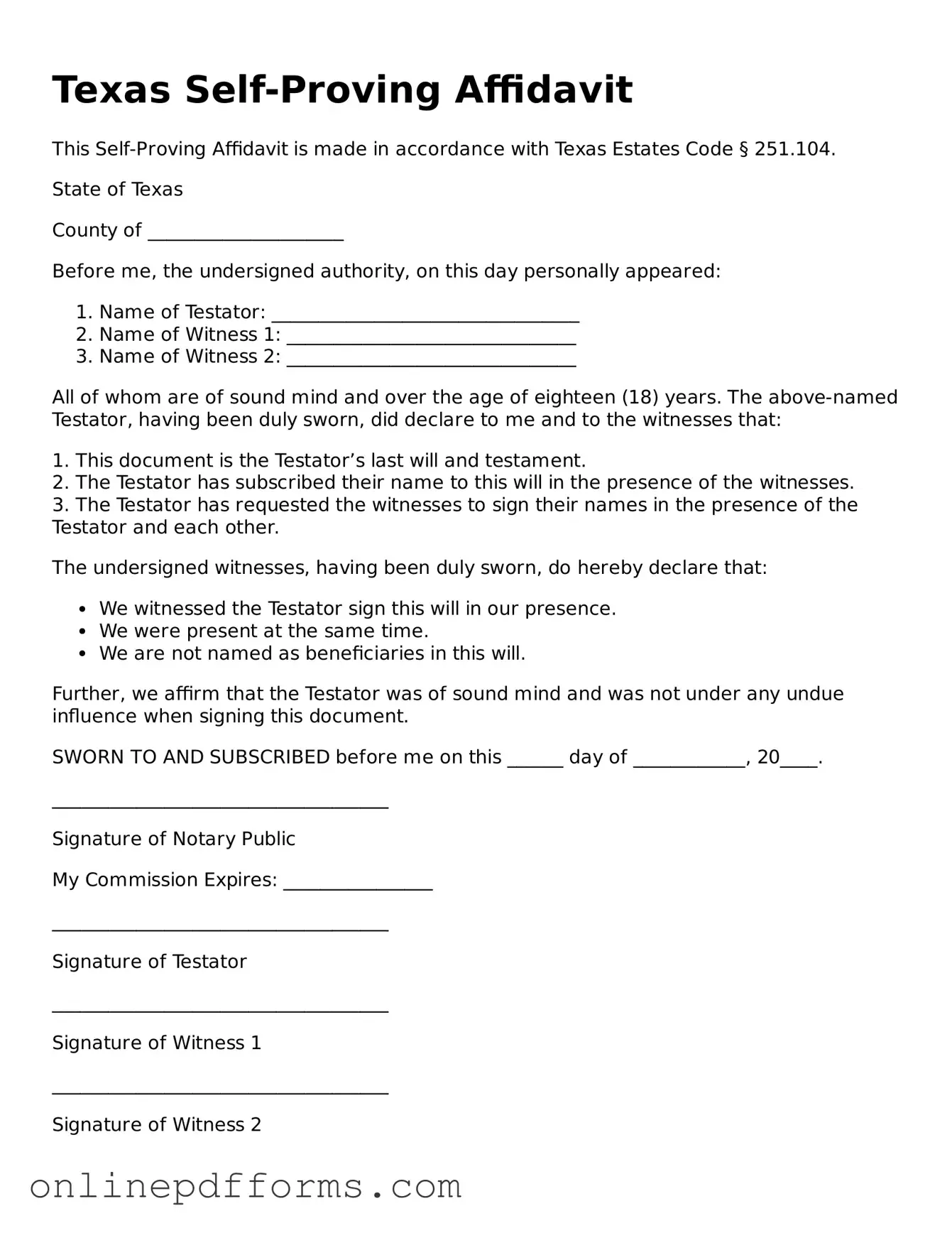 Blank Texas Self-Proving Affidavit Form