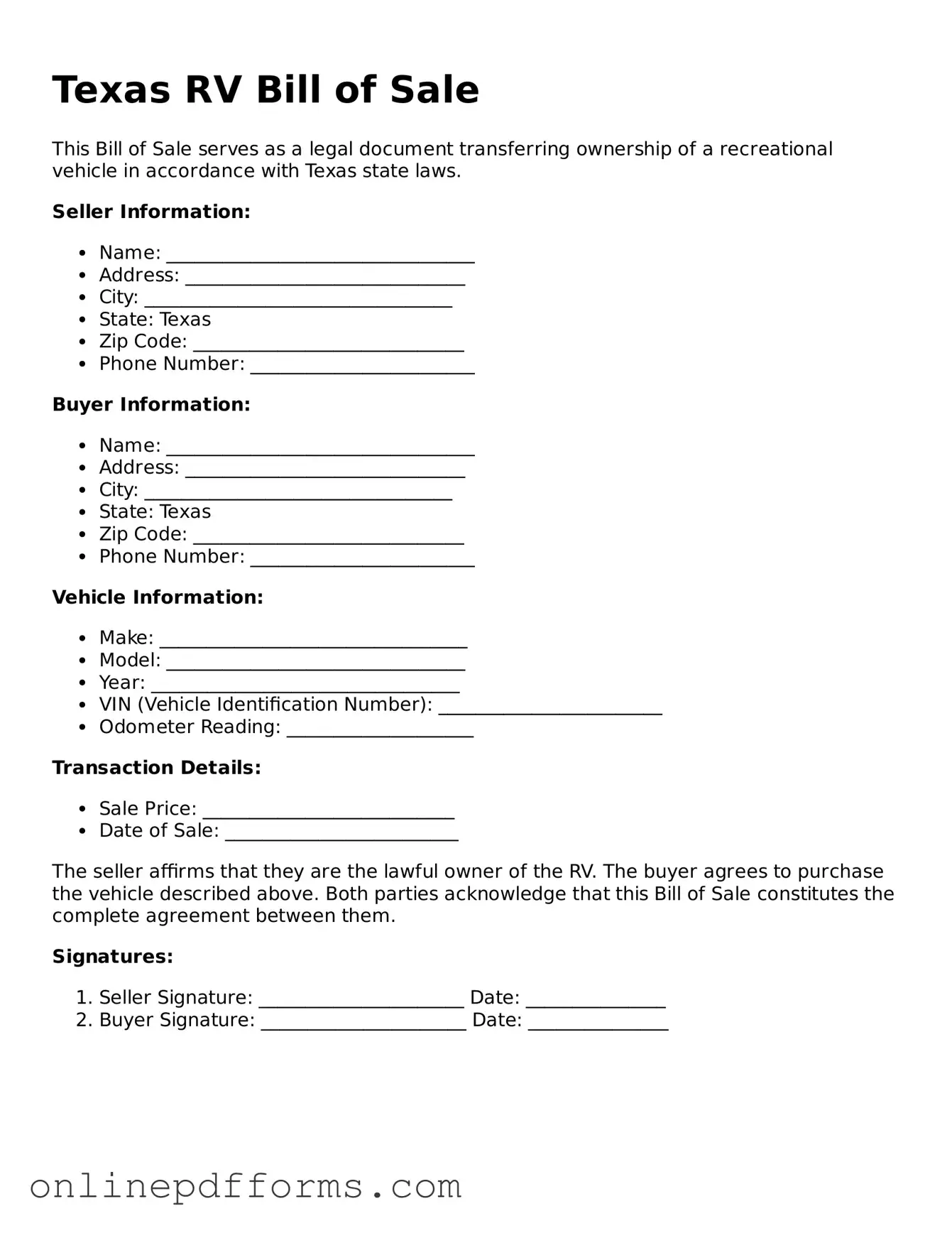 Blank Texas RV Bill of Sale Form