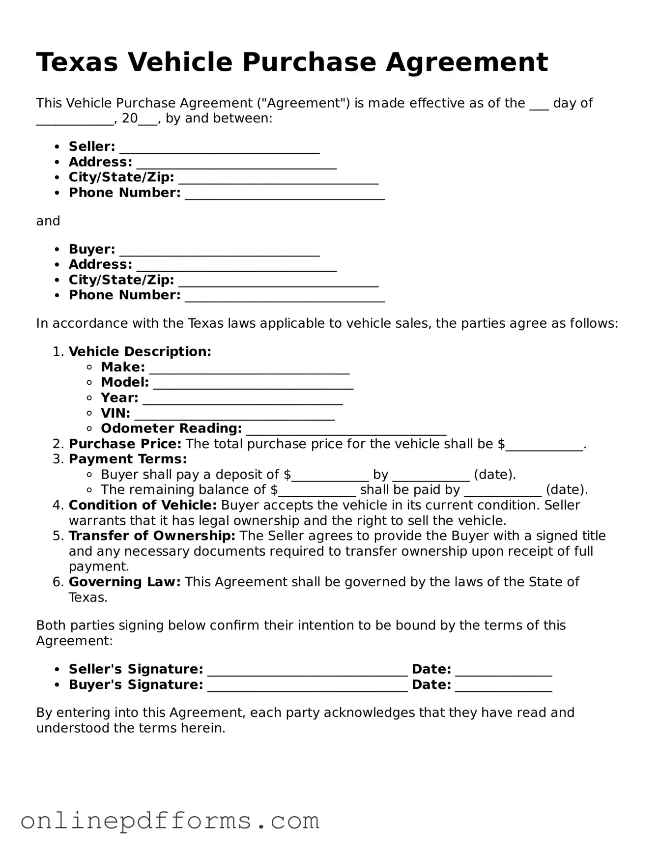 Blank Texas Vehicle Purchase Agreement Form