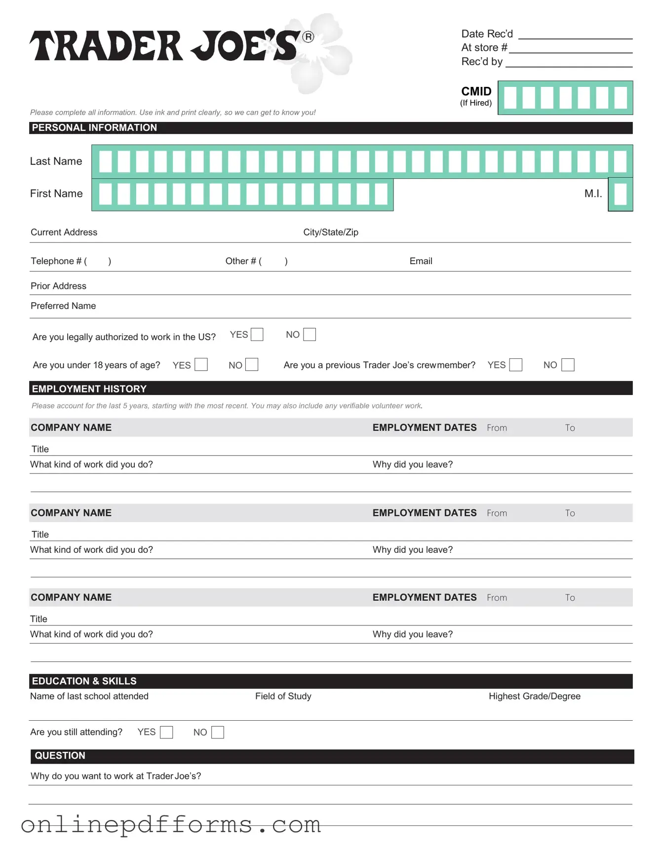 Fill in Your Trader Joe's application Template