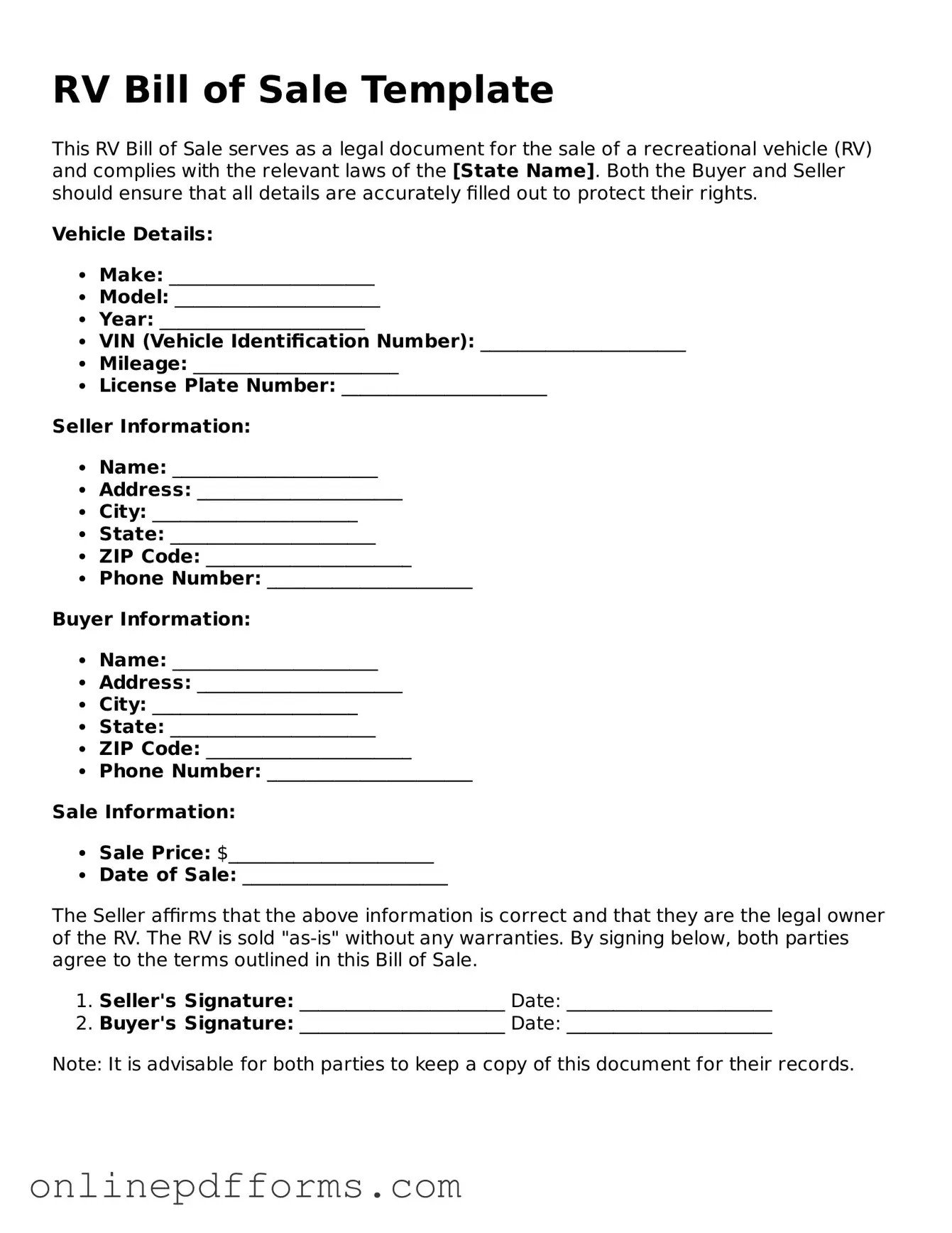 Legal RV Bill of Sale Form