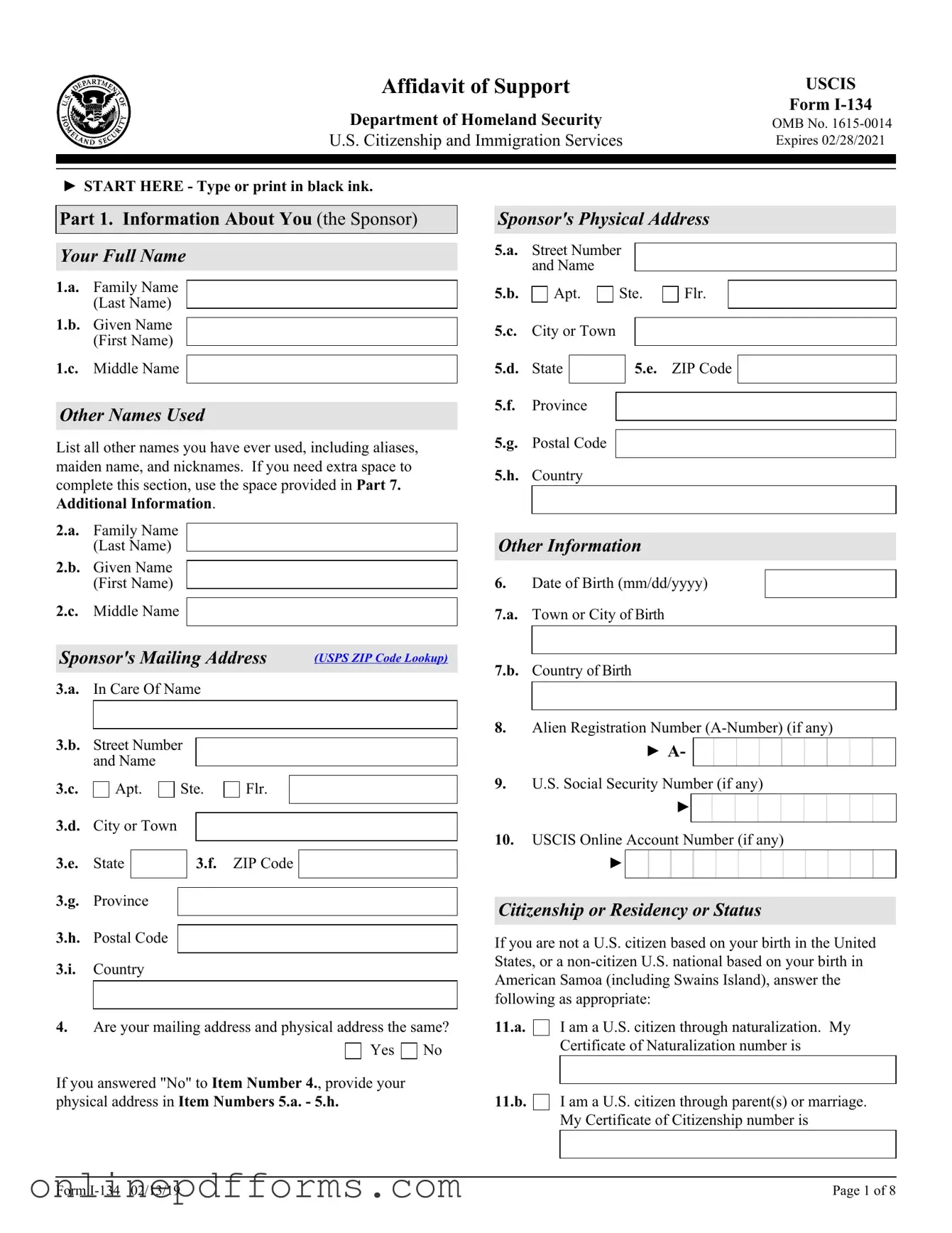 Fill in Your USCIS I-134 Template