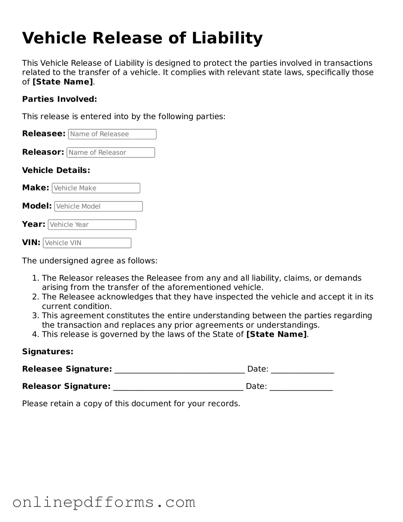 Legal Vehicle Release of Liability Form