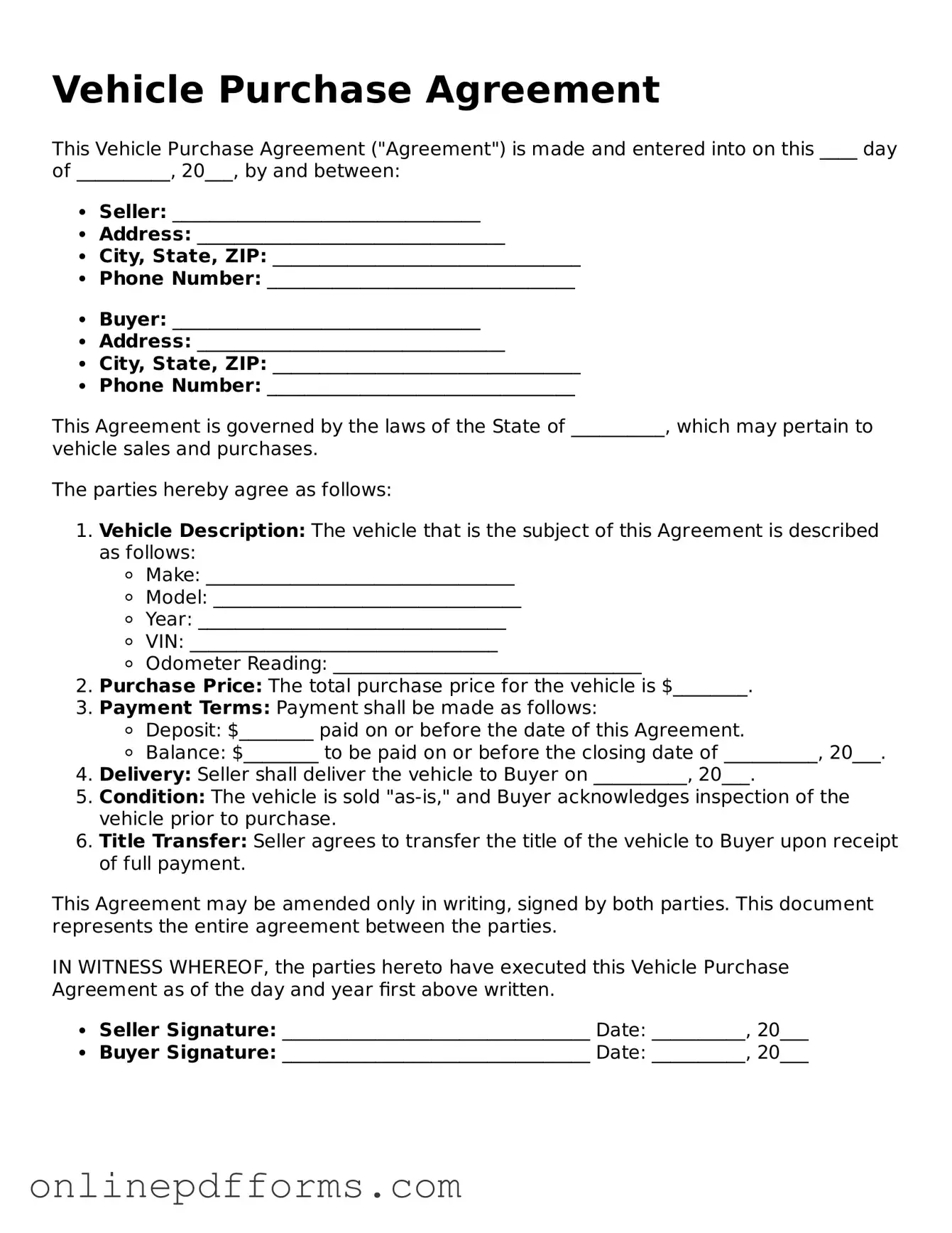 Legal Vehicle Purchase Agreement Form