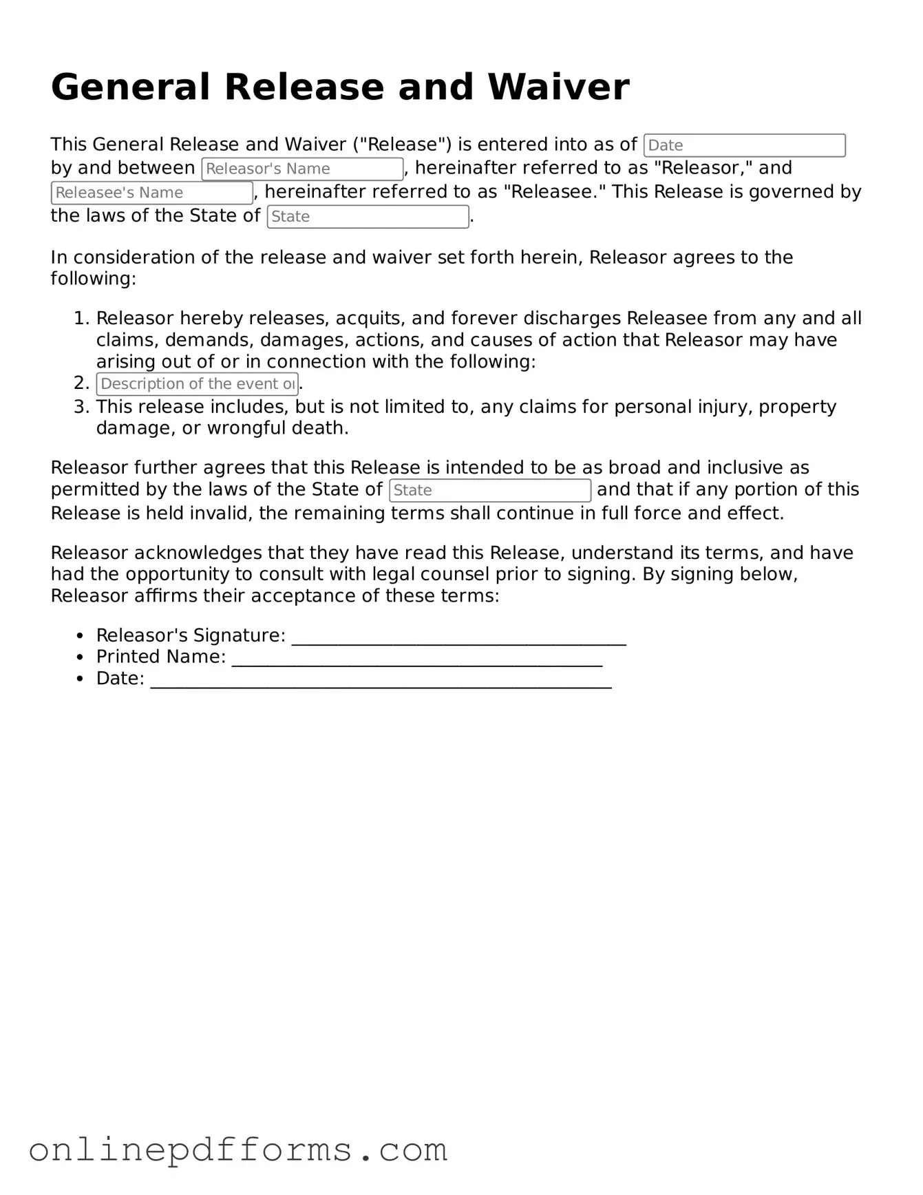Legal General Release and Waiver Form